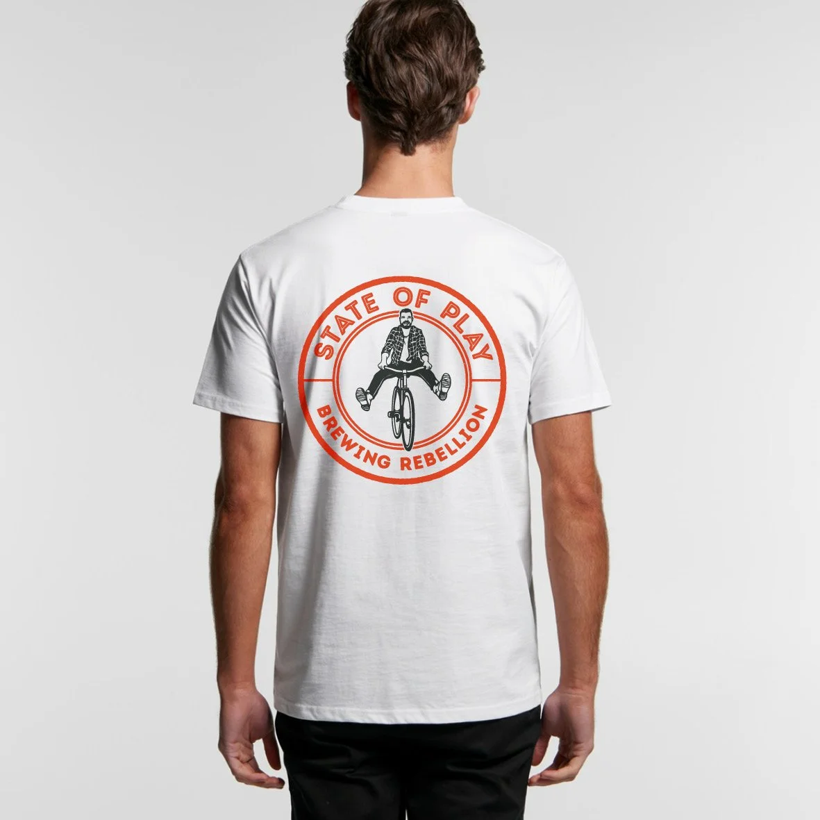 Man wearing State of Play branded t-shirt. Studio photography, packaging design, branding, designer. Alice Lloyd.
