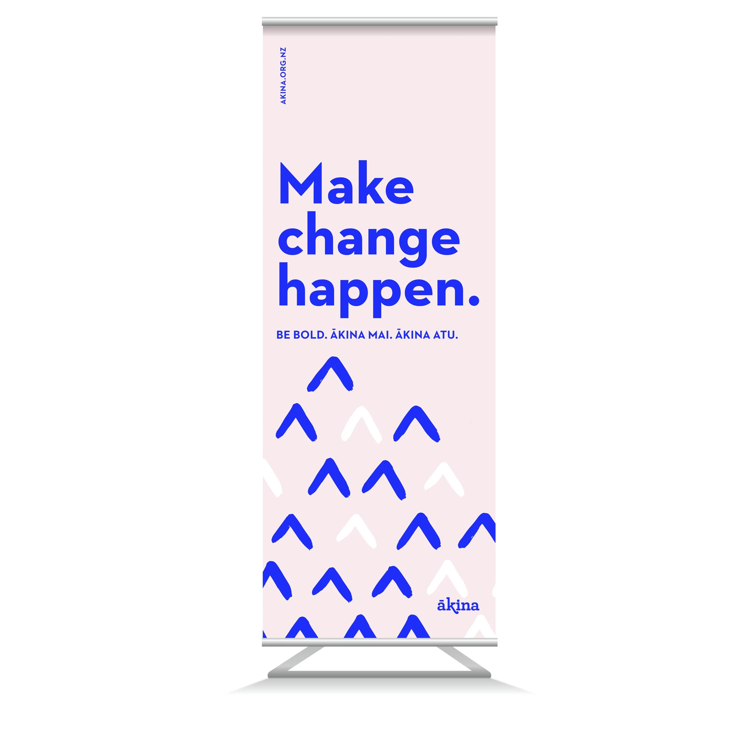 Ākina banner. Bright blue, pink and white colour scheme. Branding, trade show design, communications, marketing, typography, designer, Creative Director. Alice Lloyd.