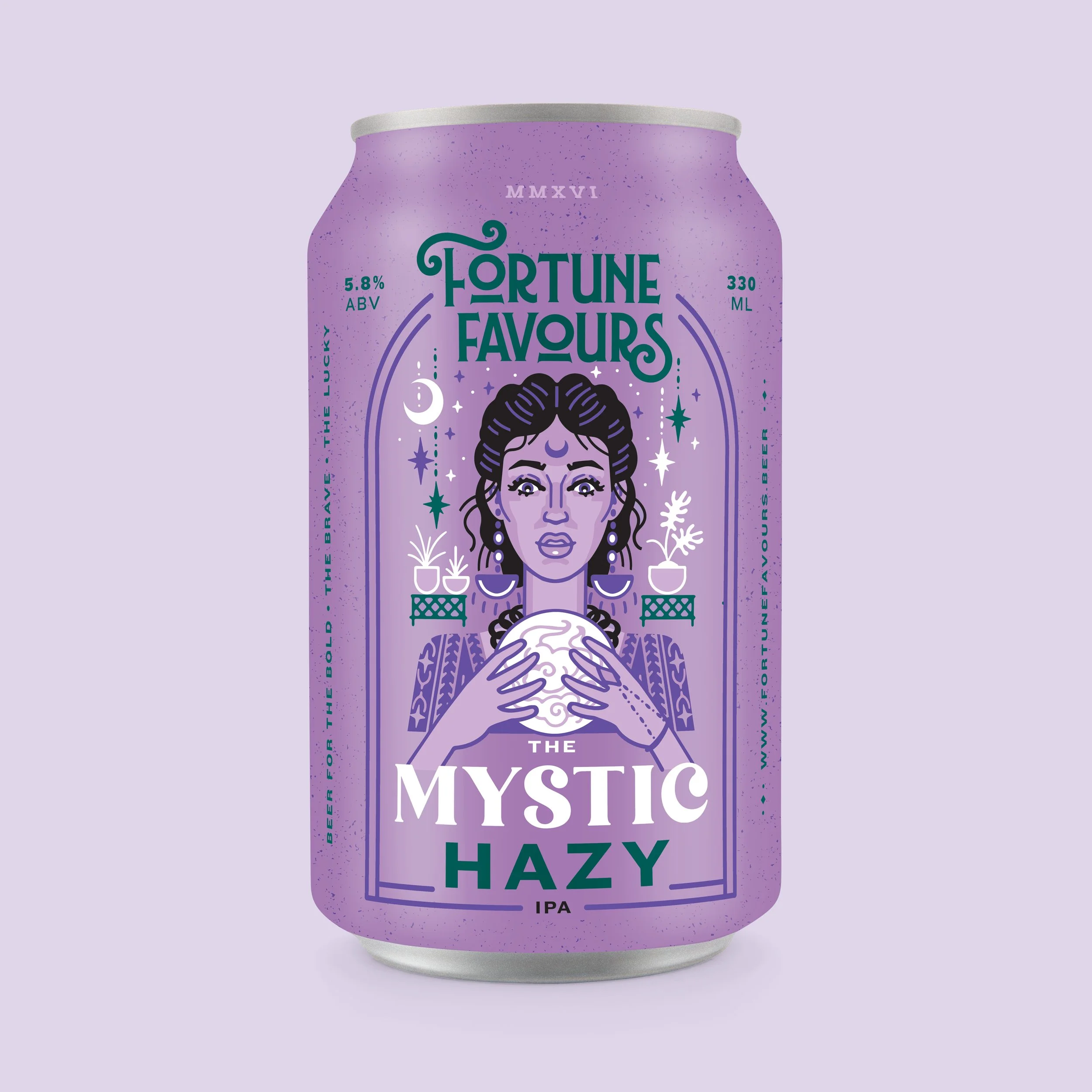 Fortune Favours Mystic Hazy packaging design. Can has image of mysterious woman with crystal ball. Packaging design, branding, typography.  Alice Lloyd.