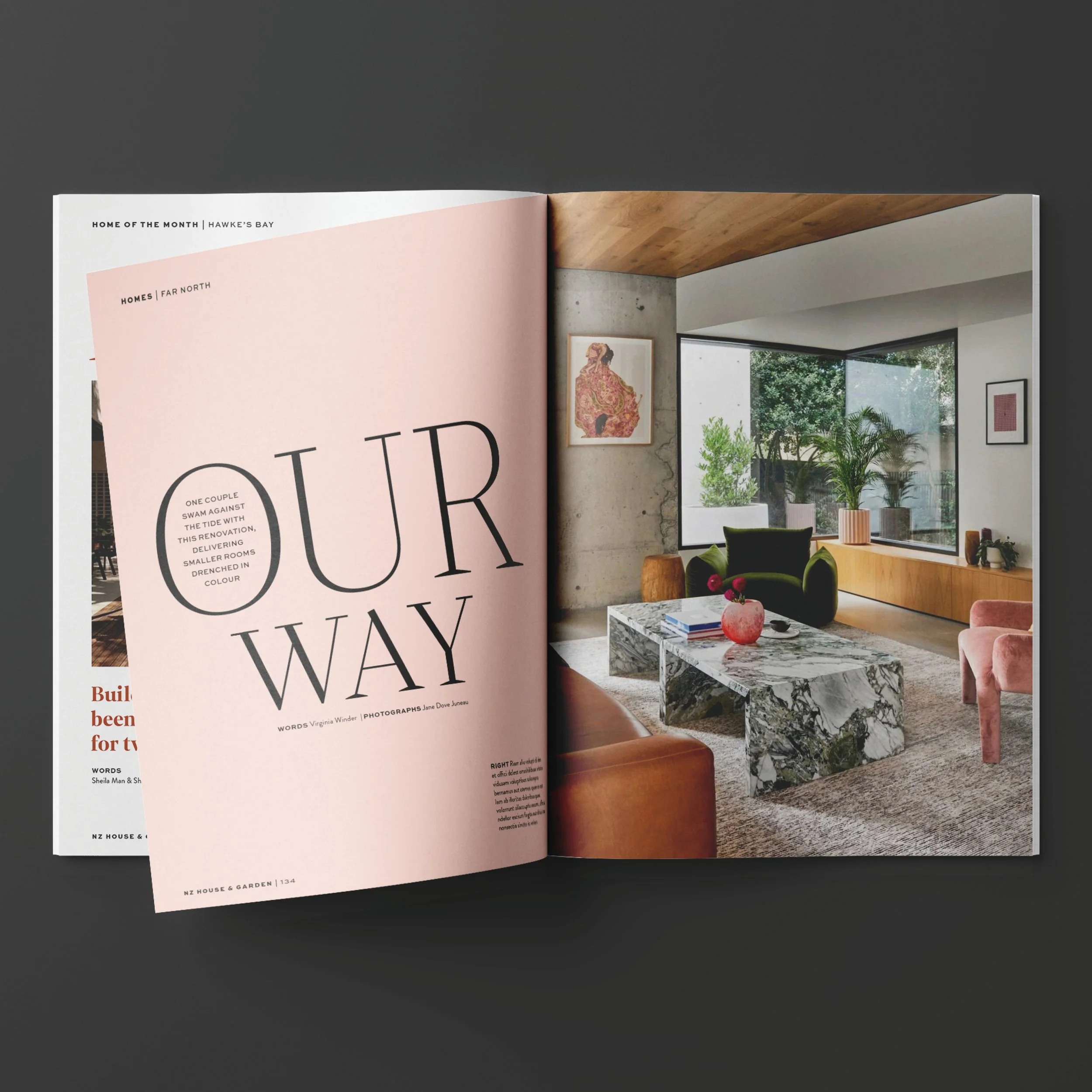 Pink spread from NZ House & Garden magazine. Studio photography, magazine design, branding, typography, designer. Alice Lloyd.