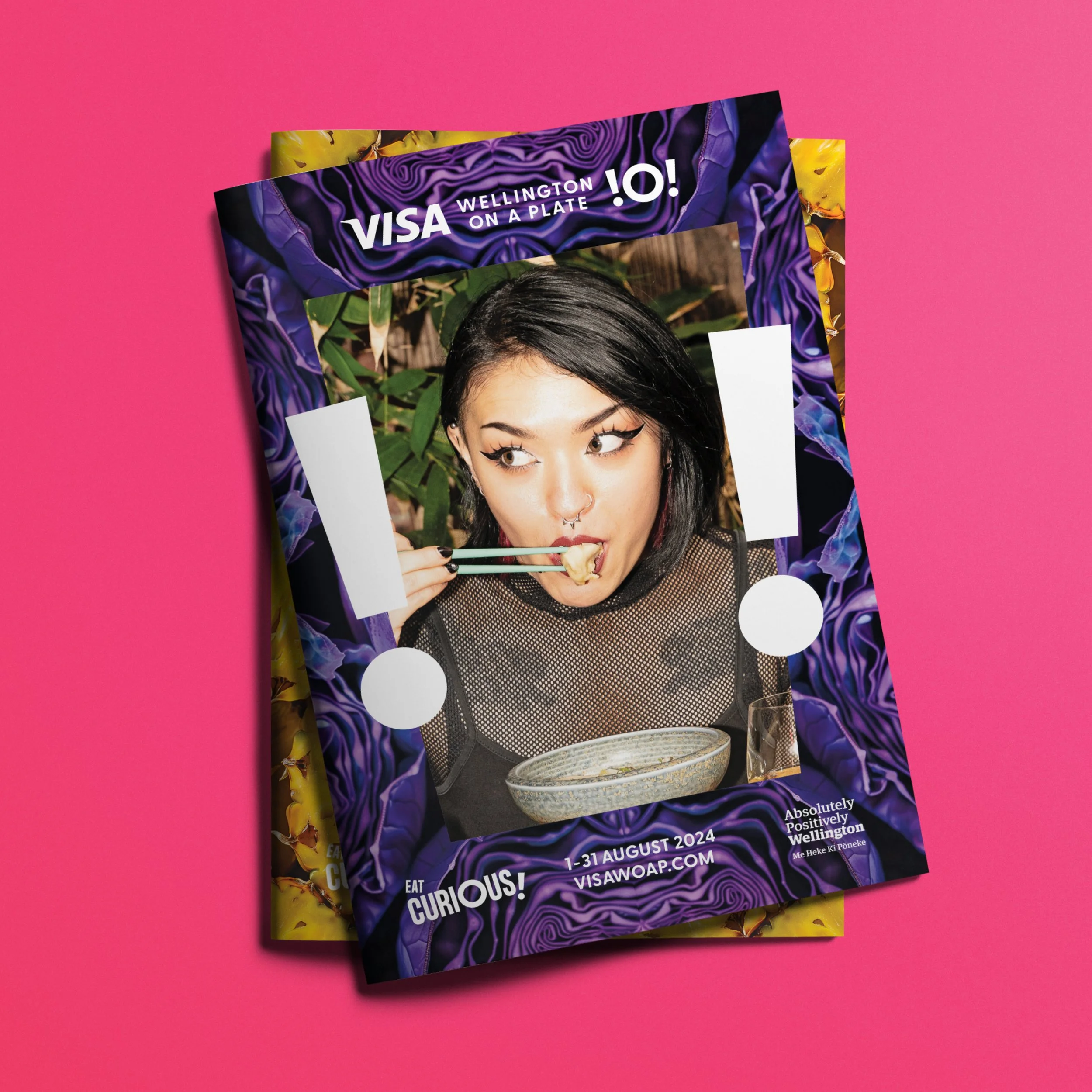 Visa WOAP cover design. Woman eating dumpling. Branding, programme design,  Alice Lloyd.