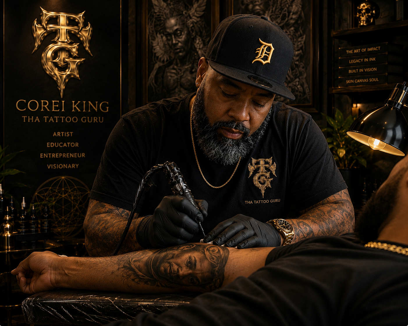A tattoo artist named Corei King, known as Tha Tattoo Guru, is tattooing a person's arm in a tattoo studio. He wears a black baseball cap, black gloves, and a black t-shirt with gold logos and text. The studio decor includes dark walls with artwork, a skull, and a sign displaying his name and titles.