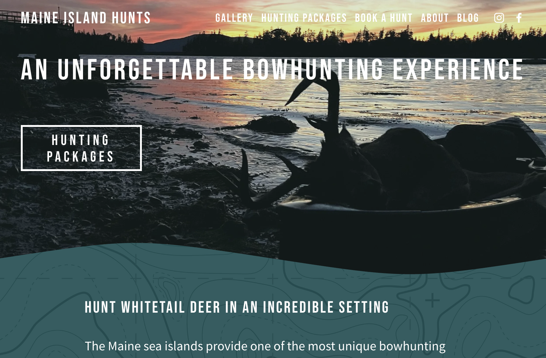 Website homepage for Maine Island Hunts featuring a sunset over islands with a silhouetted whitetail buck and rocks in the foreground. Main menu includes options like Gallery, Hunting Packages, Book a Hunt, About, Blog, and social media icons.