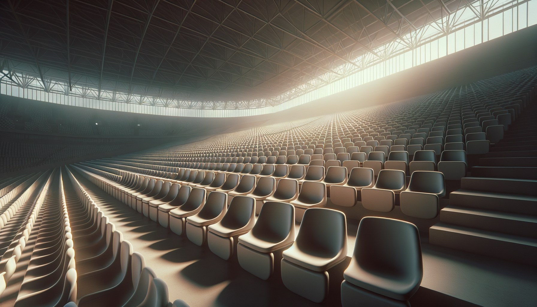 Empty indoor sports arena with rows of gray seats, sunlight streaming through large windows at the top, and a high ceiling with metal framework.