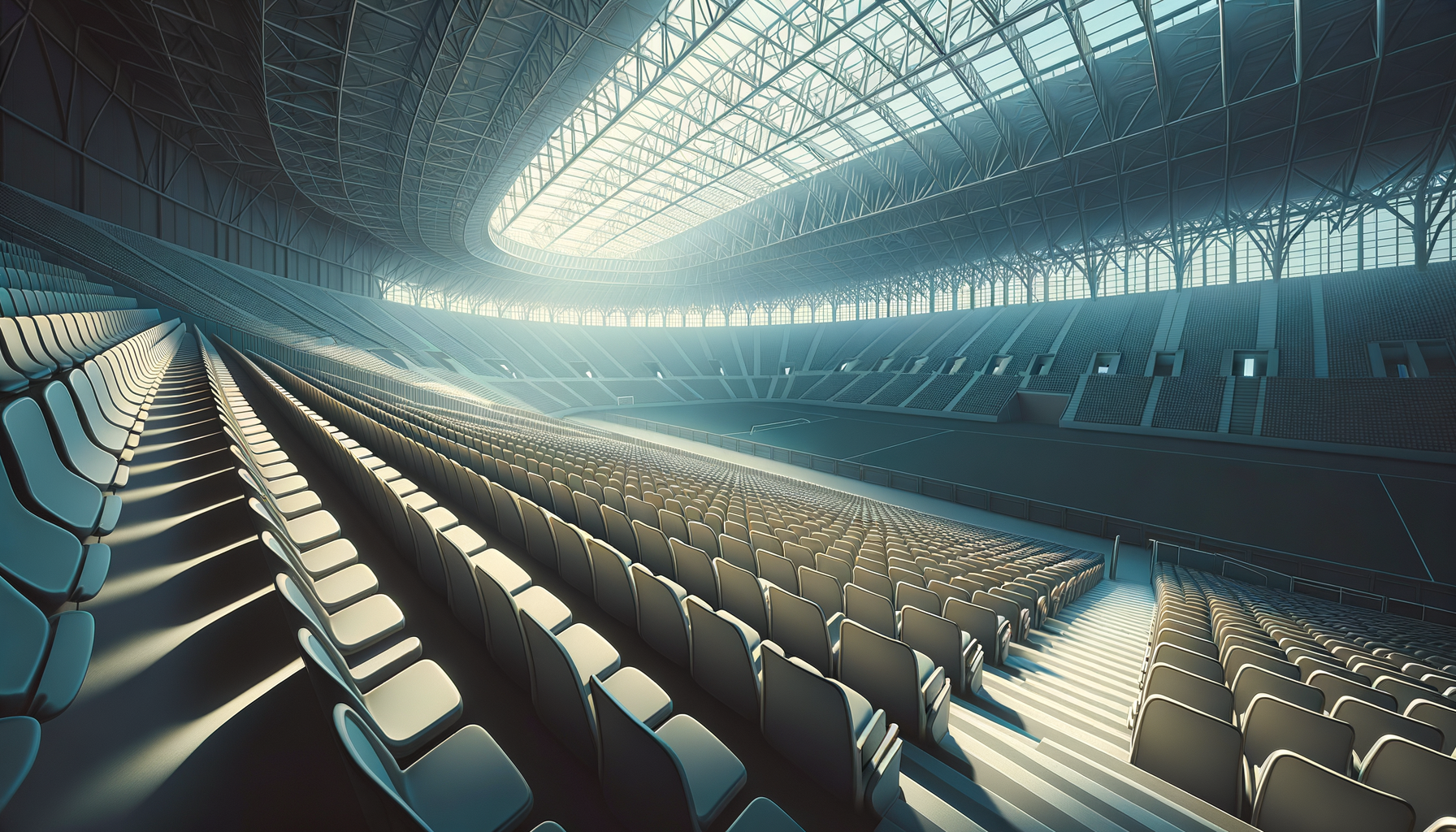Empty indoor stadium with rows of seats, a field, and a glass roof allowing sunlight to illuminate the space.
