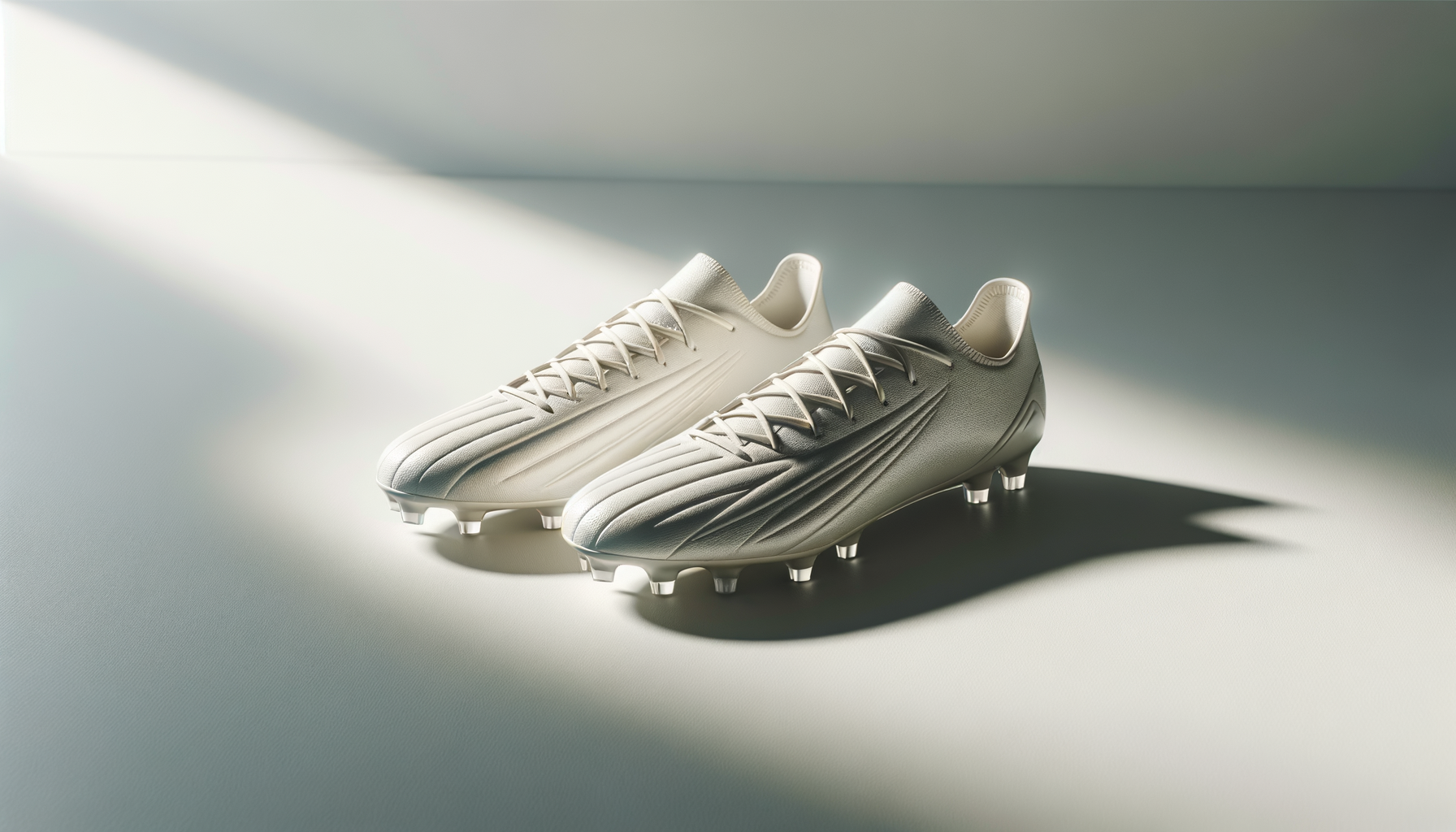 A pair of modern, white soccer cleats with sleek design and textured surface, placed on a plain surface with dramatic lighting and shadows.