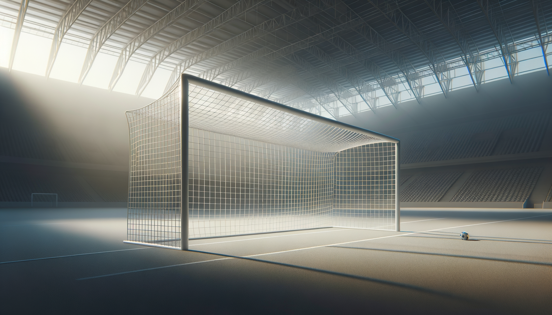 Empty indoor soccer field with goal post and a soccer ball, inside a brightly lit stadium.