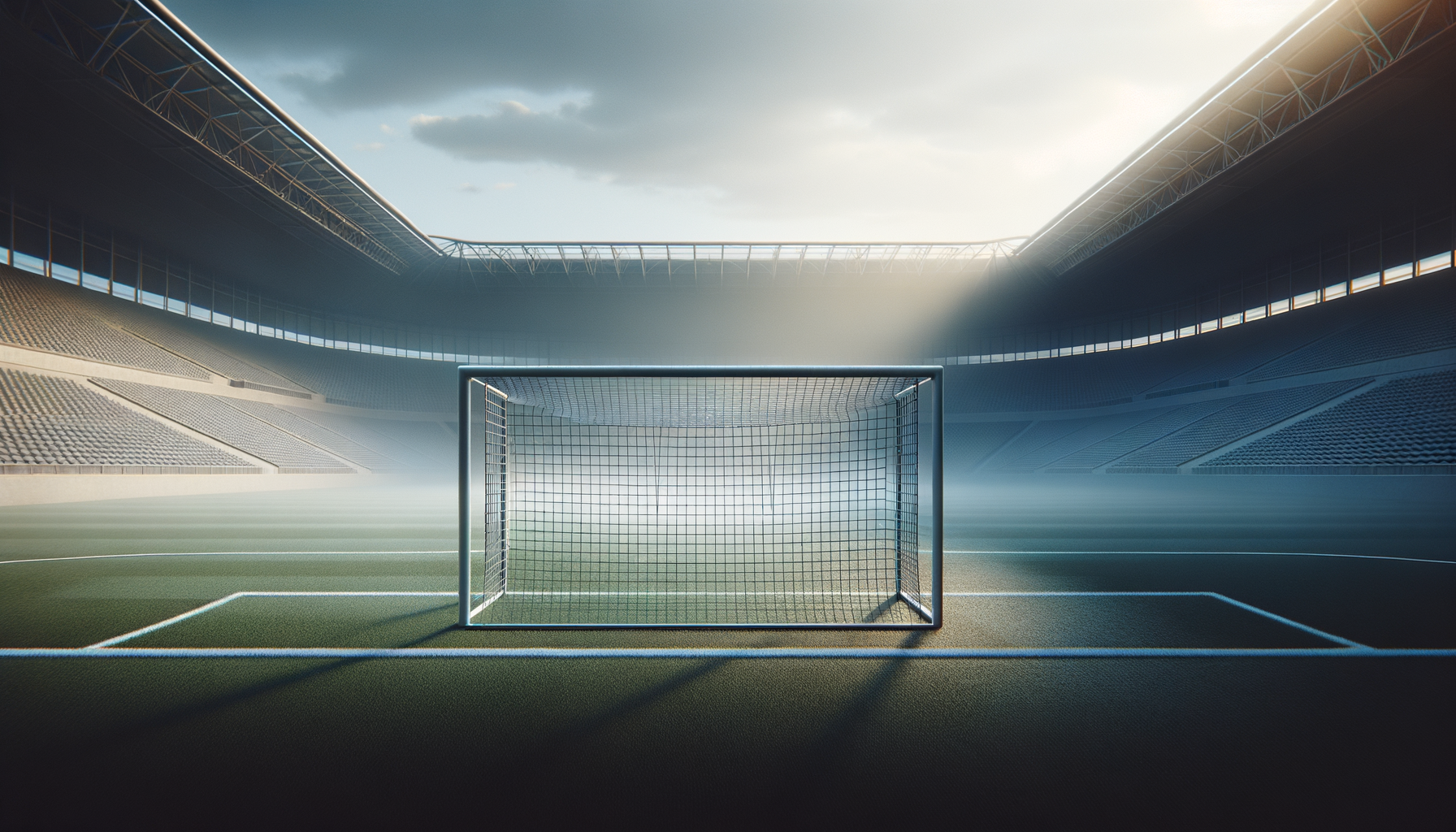 Empty soccer stadium with a goalpost in the center and seats surrounding the field.
