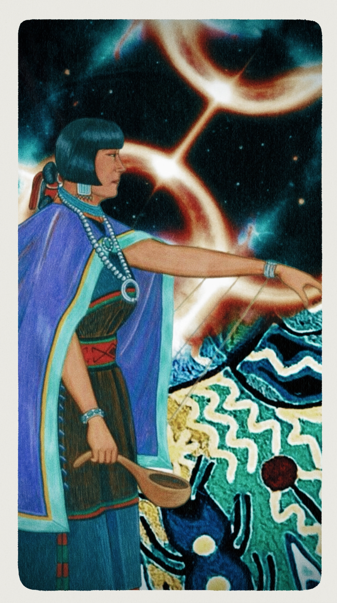 Artwork of a Native American woman in traditional clothing holding a wooden spoon, with a galaxy and abstract patterns in the background.