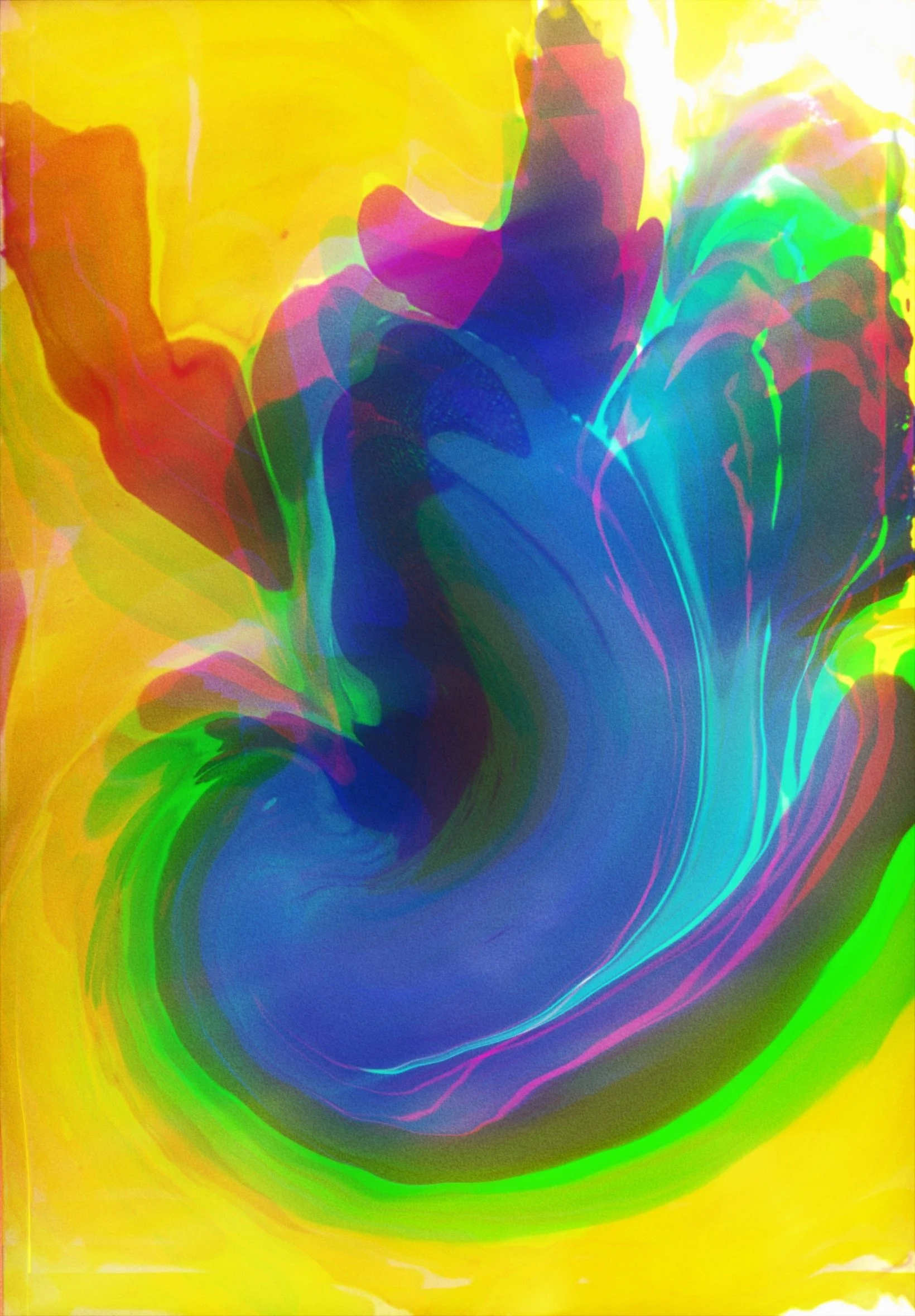 Abstract rainbow swirl with vibrant colors including yellow, green, blue, pink, and purple, creating a fluid and dynamic pattern.