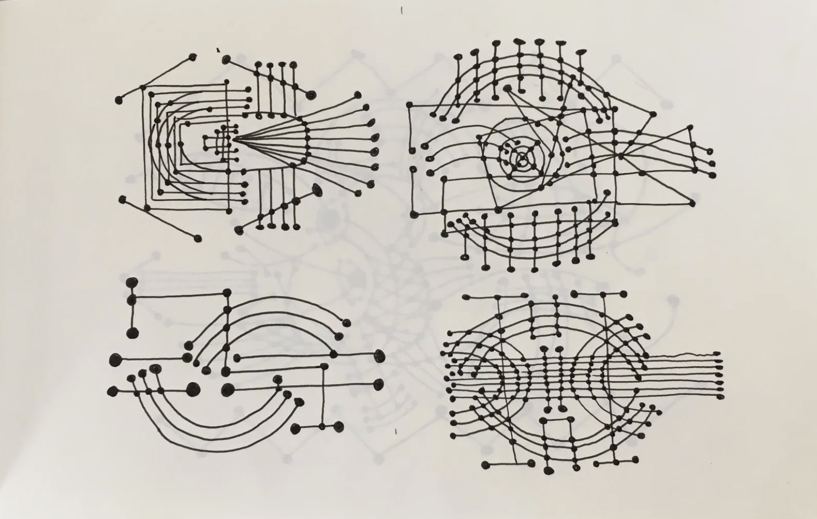 Four intricate, symmetrical black line optical illusion diagrams with dots and connecting lines on a white background.