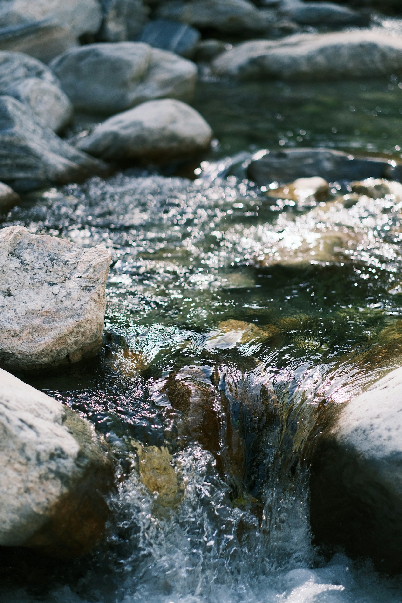 A close-up view of a flowing mountain stream with clear water over rocks and stones of varying sizes.