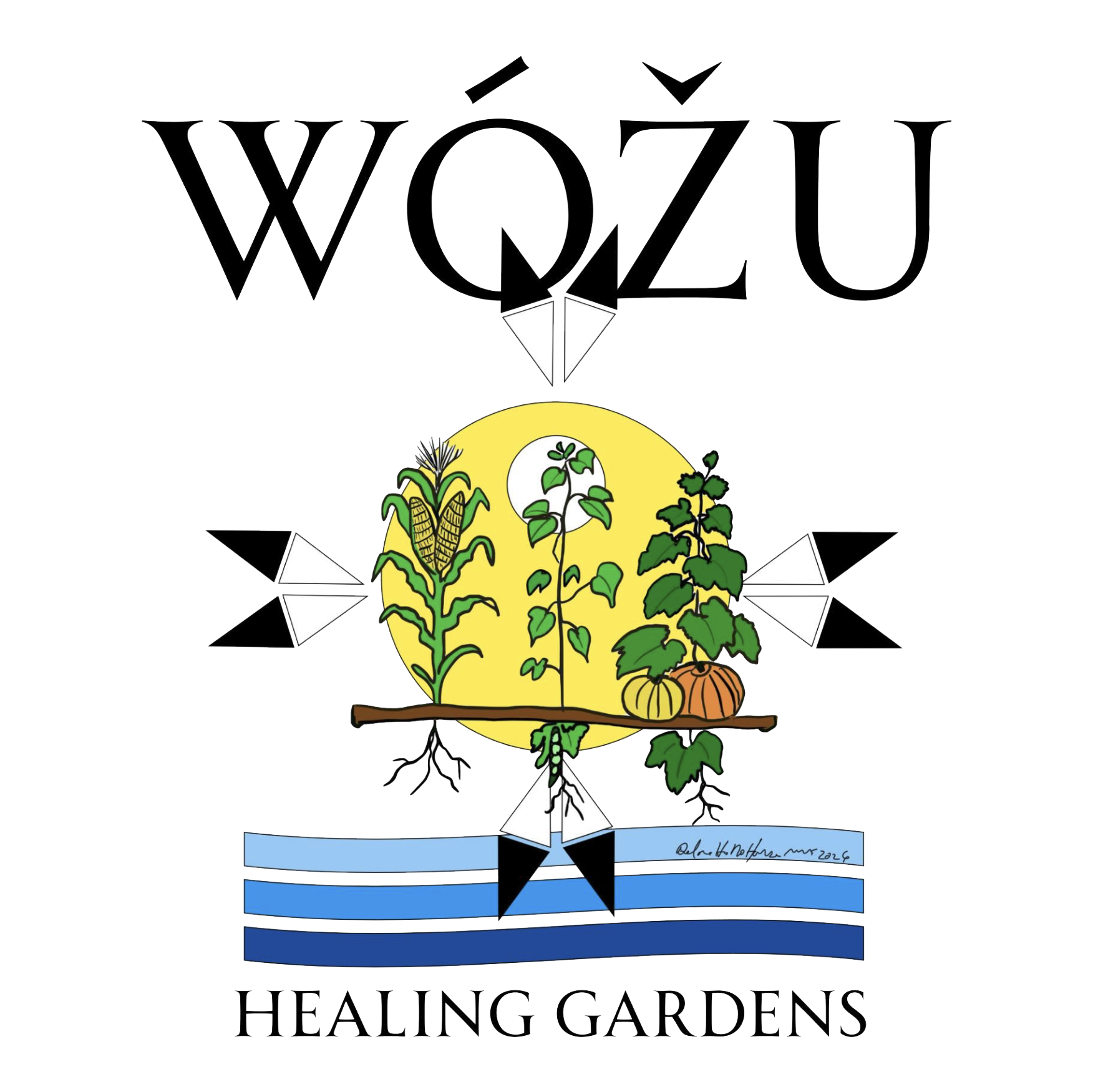 Logo for Wow Healing Gardens featuring a garden scene with plants, pumpkins, and a river, with the company name and a diamond shape at the top.