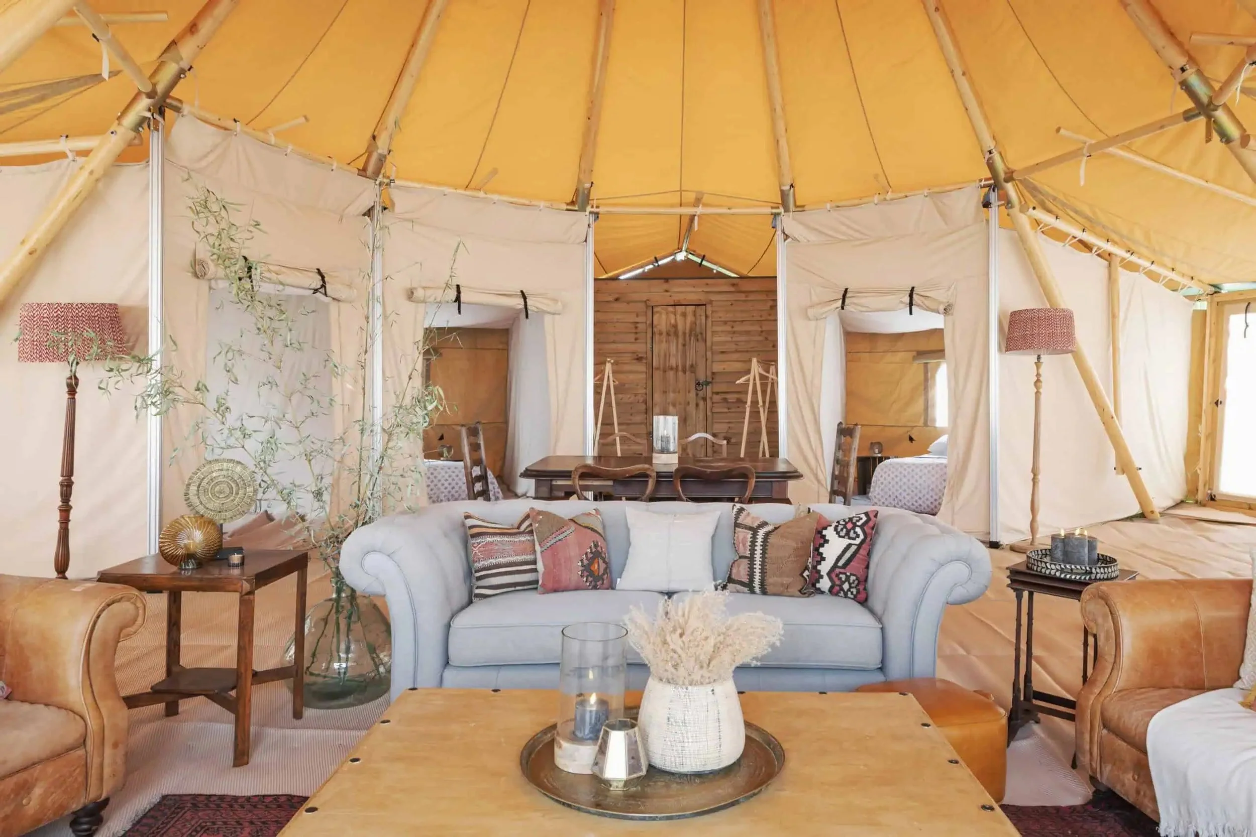 Luxury glamping tent interior at Pop Up Hotel, Silverstone, British Grand Prix race week accommodation for women