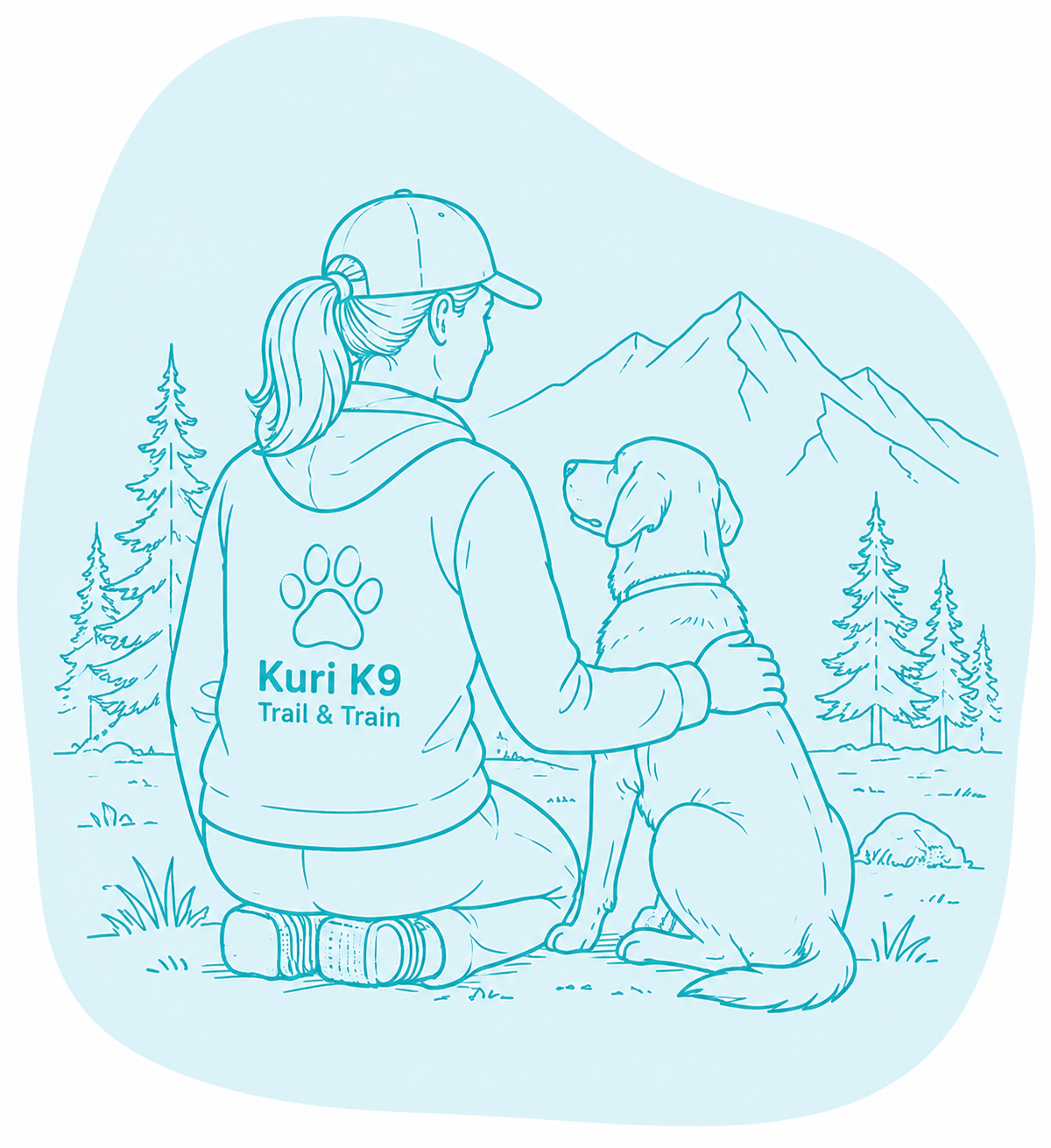 Human and dog sitting together overlooking the mountains and forest