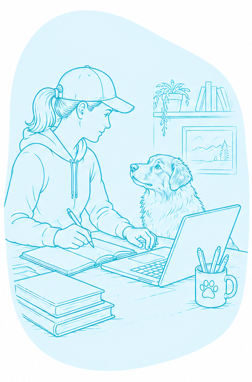 A woman and her dog sit at a desk, with a computer, studying dog training