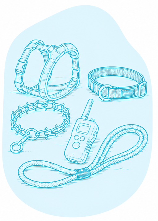 Harness, prong collar, flat collar, slip lead and e-collar remote