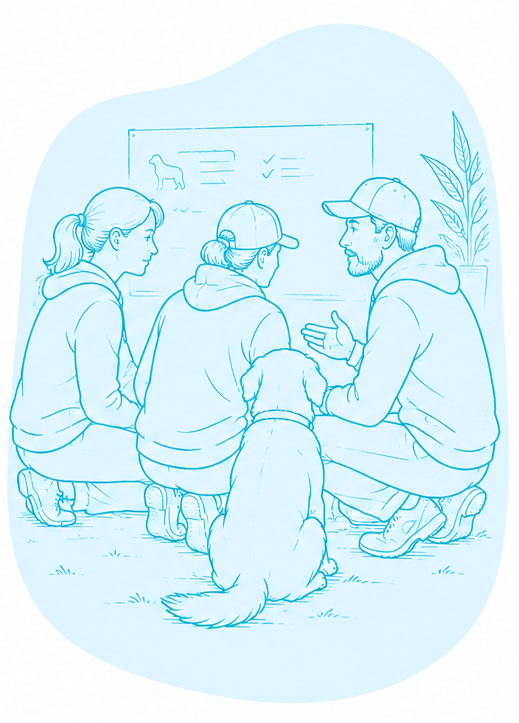 Three humans and a dog sit around a board, discussing dog training methods