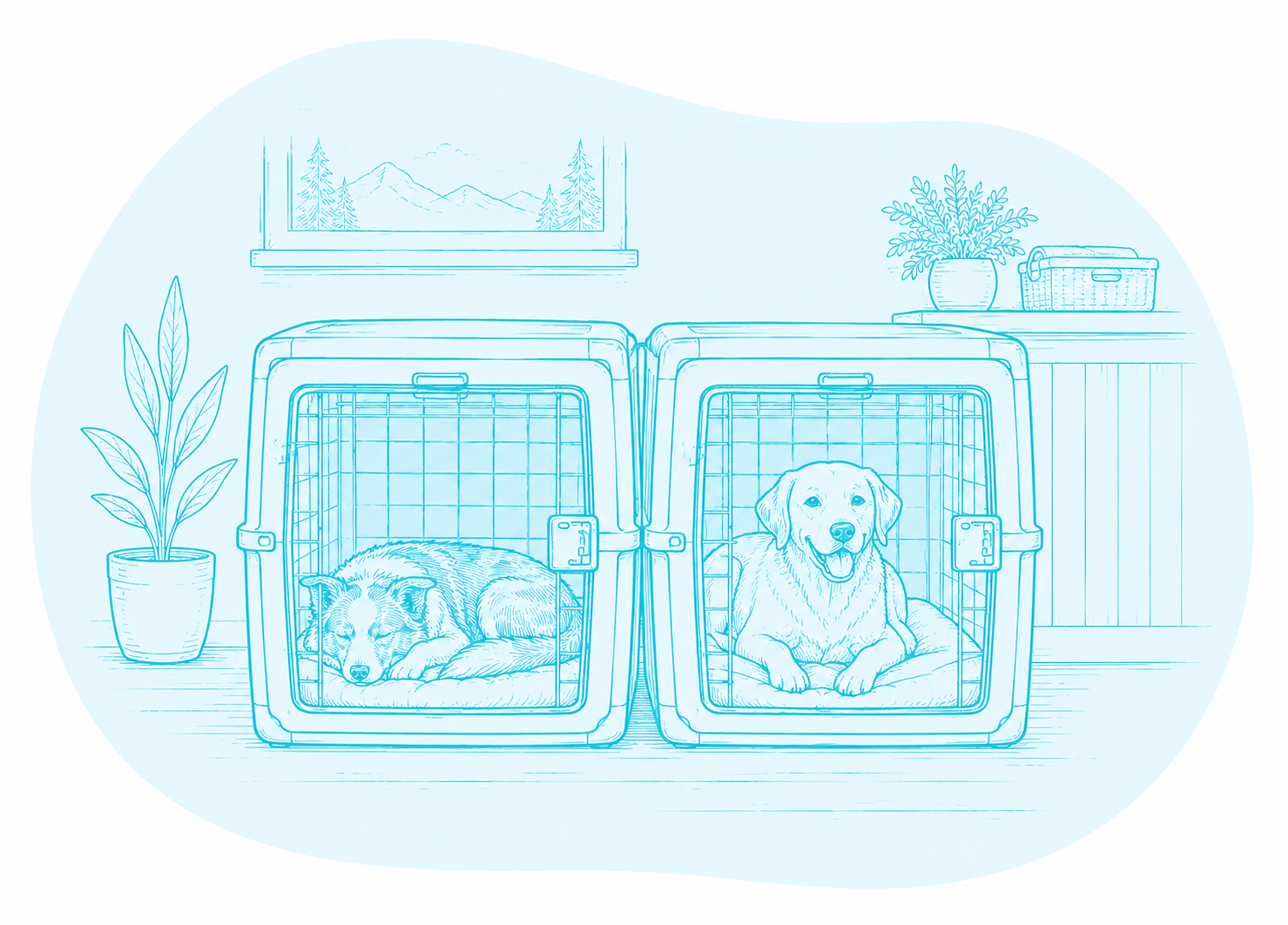 Two dogs rest in crates