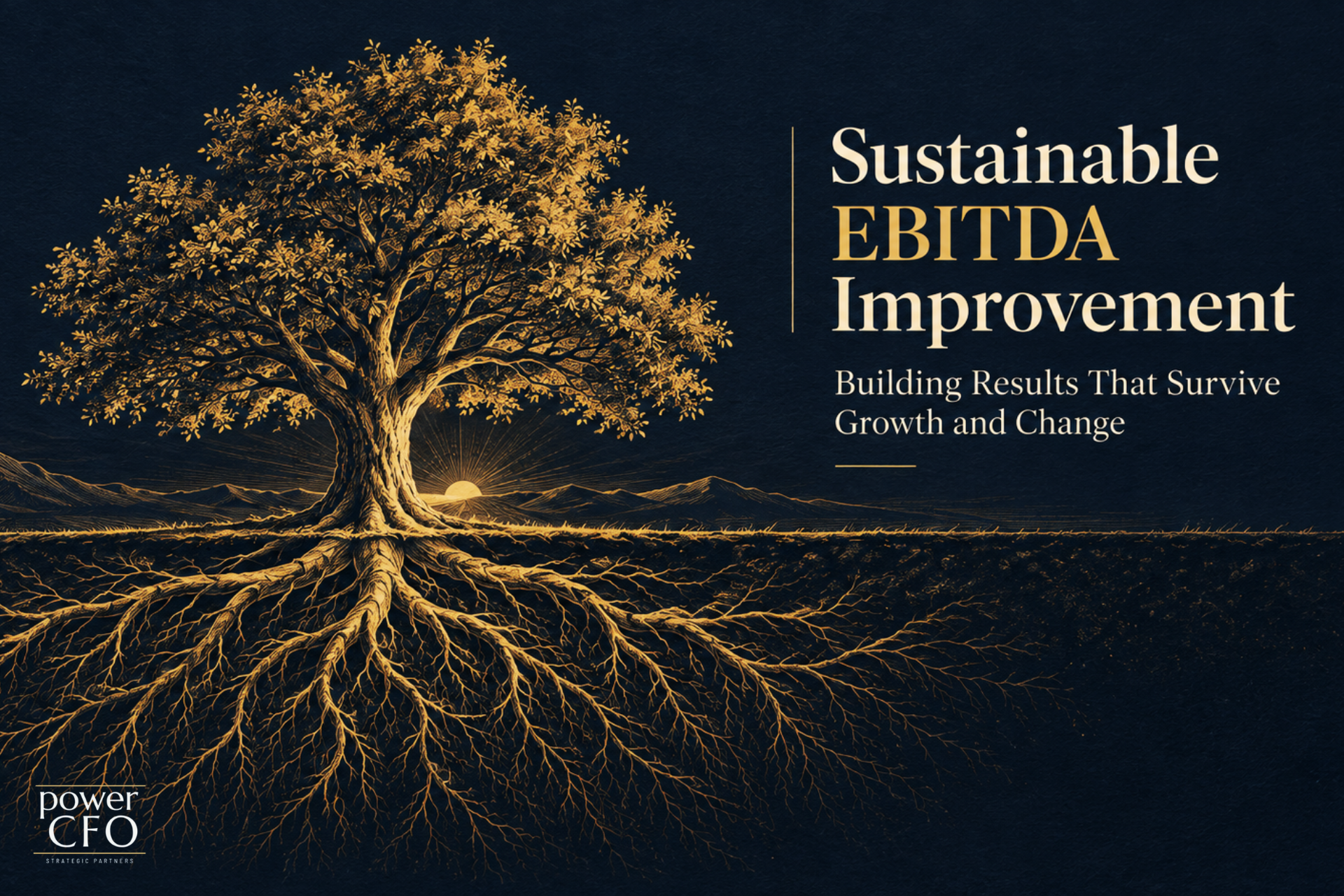 Gold illustrated tree with deep visible roots on a dark navy background representing sustainable EBITDA improvement, resilience, and lasting business performance.