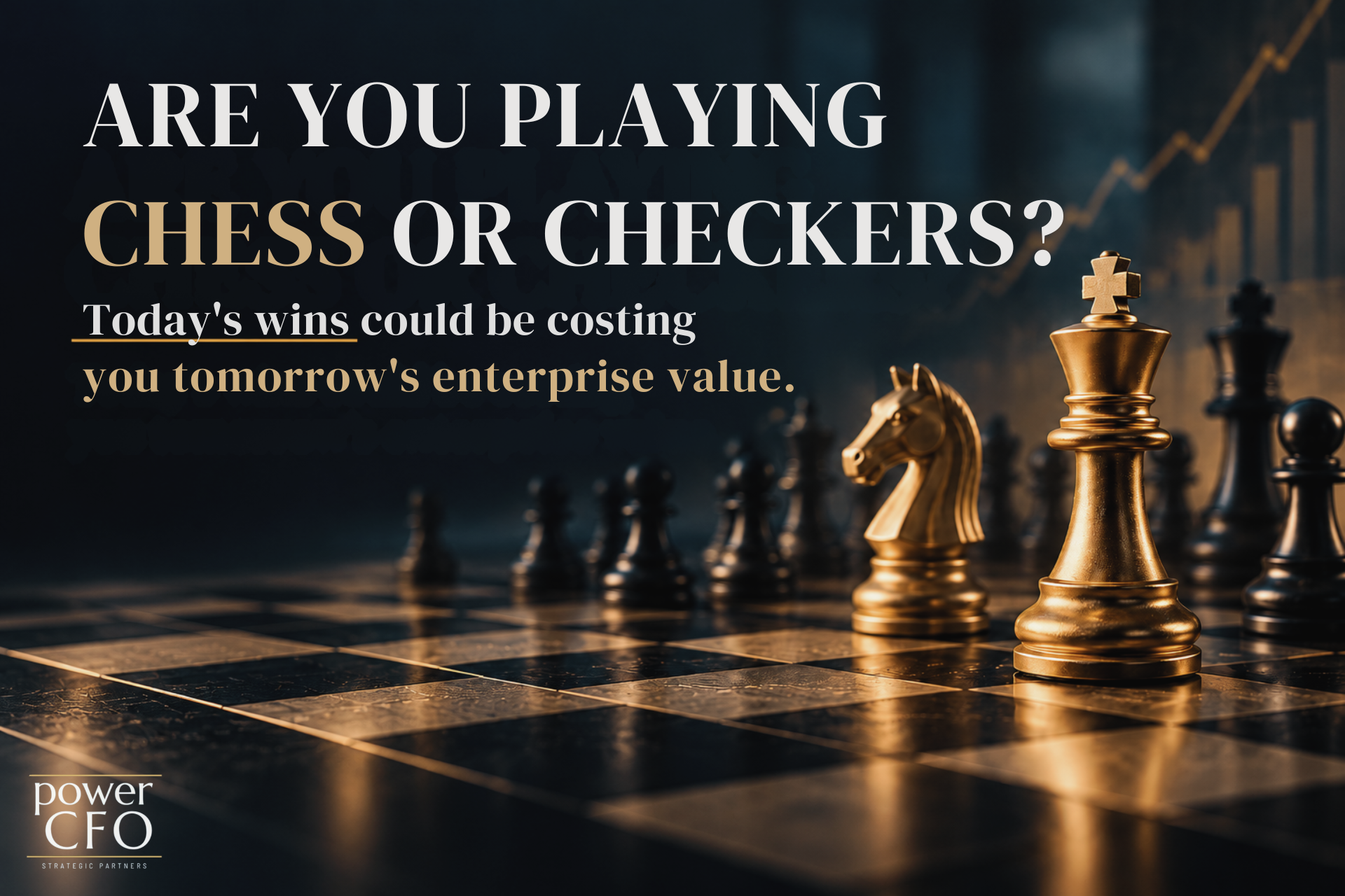 Gold chess king and knight on a dark navy chessboard with a financial growth chart, representing strategic business decisions, profitable growth, and enterprise value.