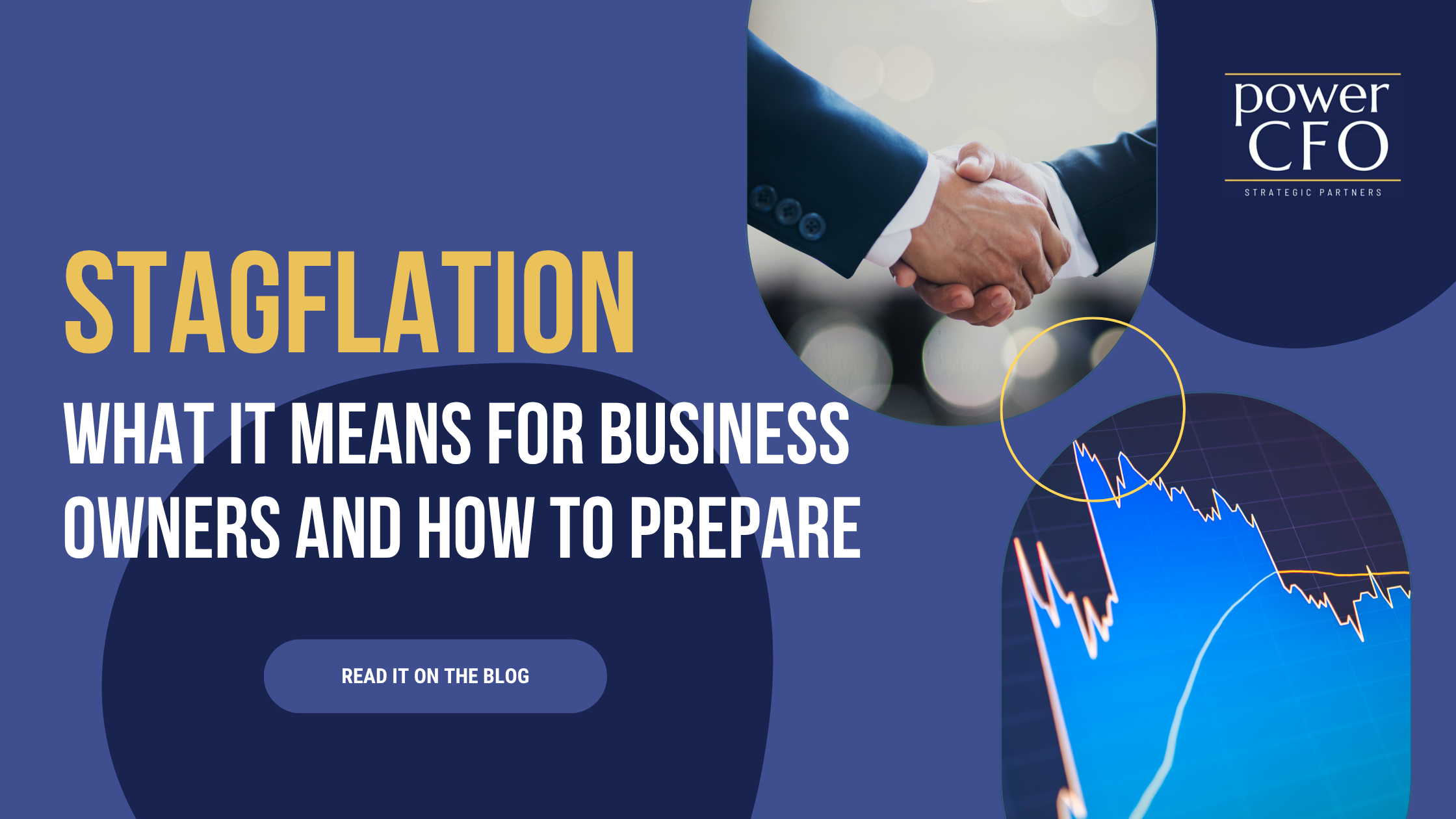 Business handshake and falling market chart representing stagflation, economic uncertainty, and financial planning for business owners.