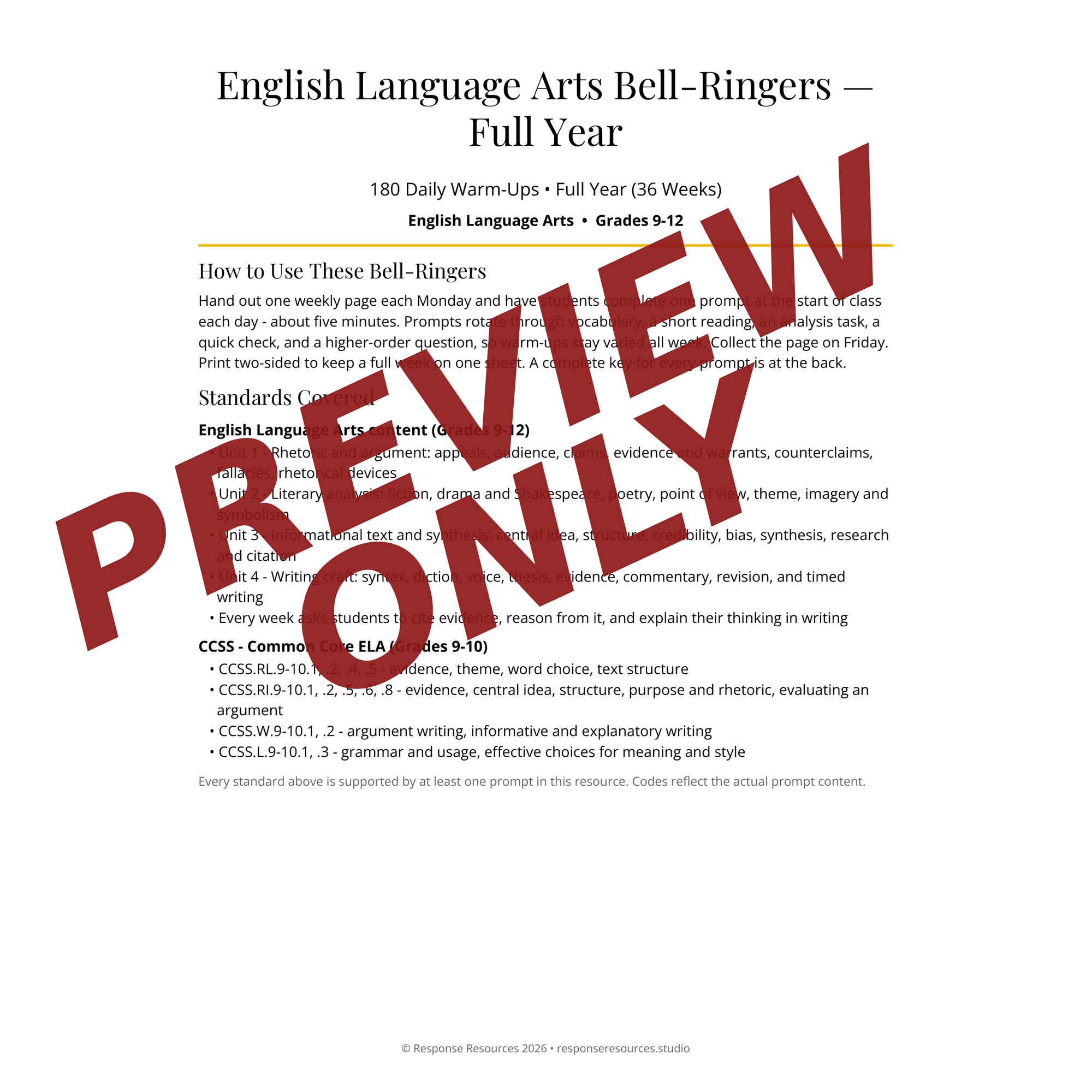 Preview page of English Language Arts Bell-Ringers — Full Year