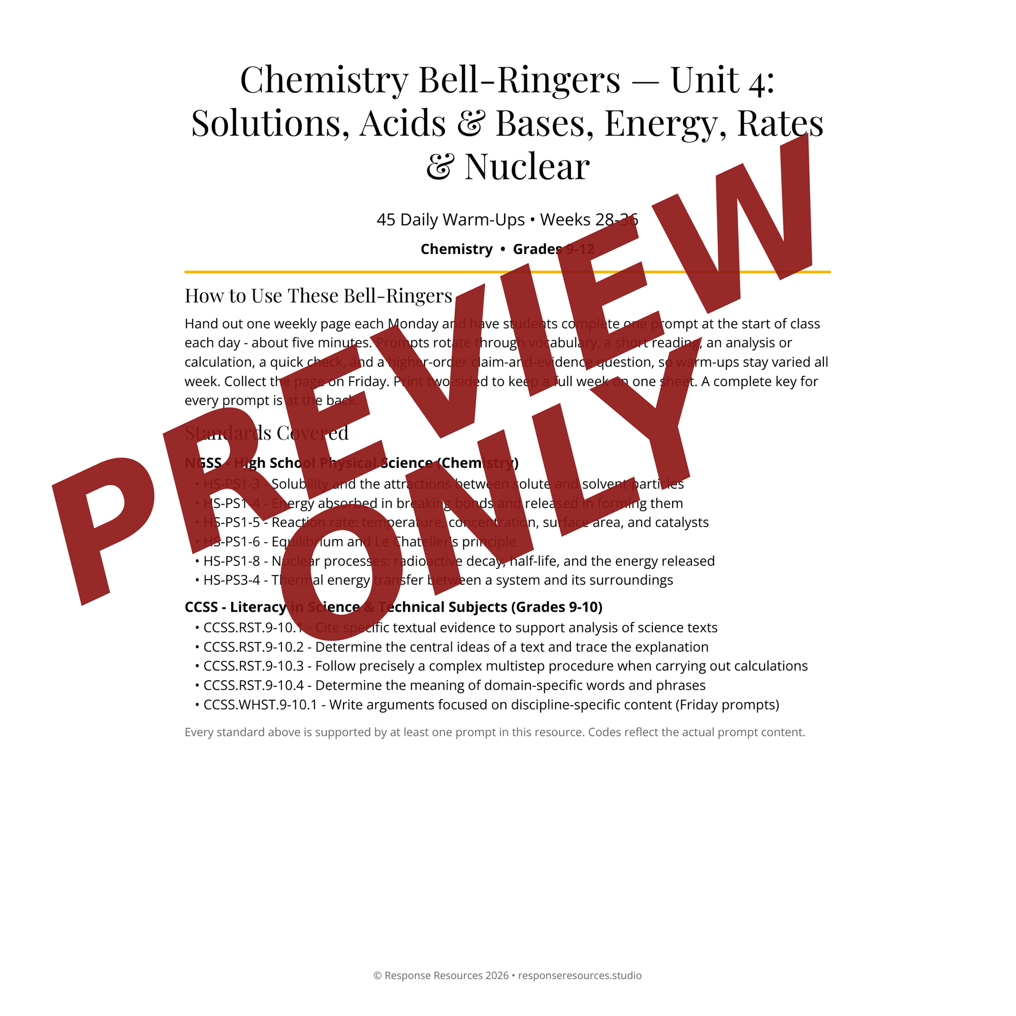 Preview page of Chemistry Bell-Ringers — Unit 4: Solutions, Acids & Bases, Energy, Rates & Nuclear