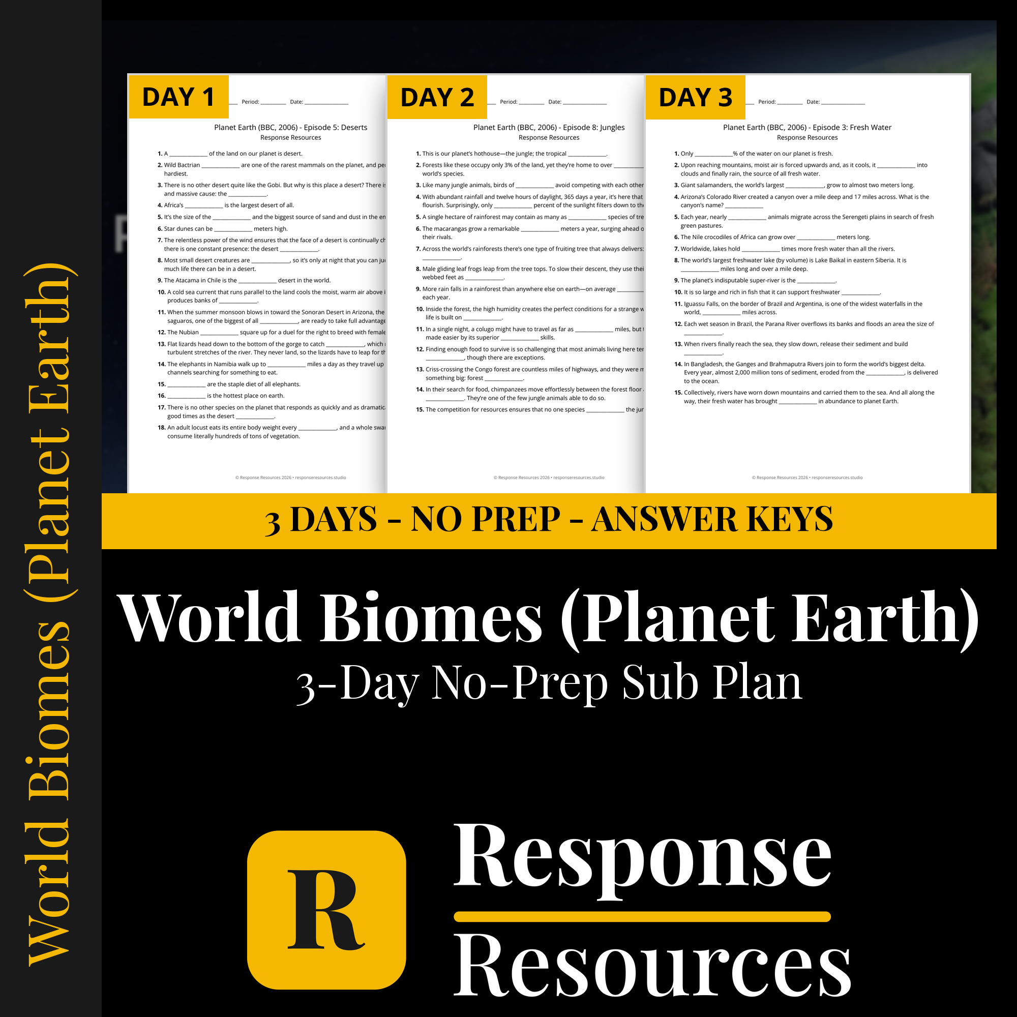 Response Resources 3-day no-prep World Biomes substitute plan cover