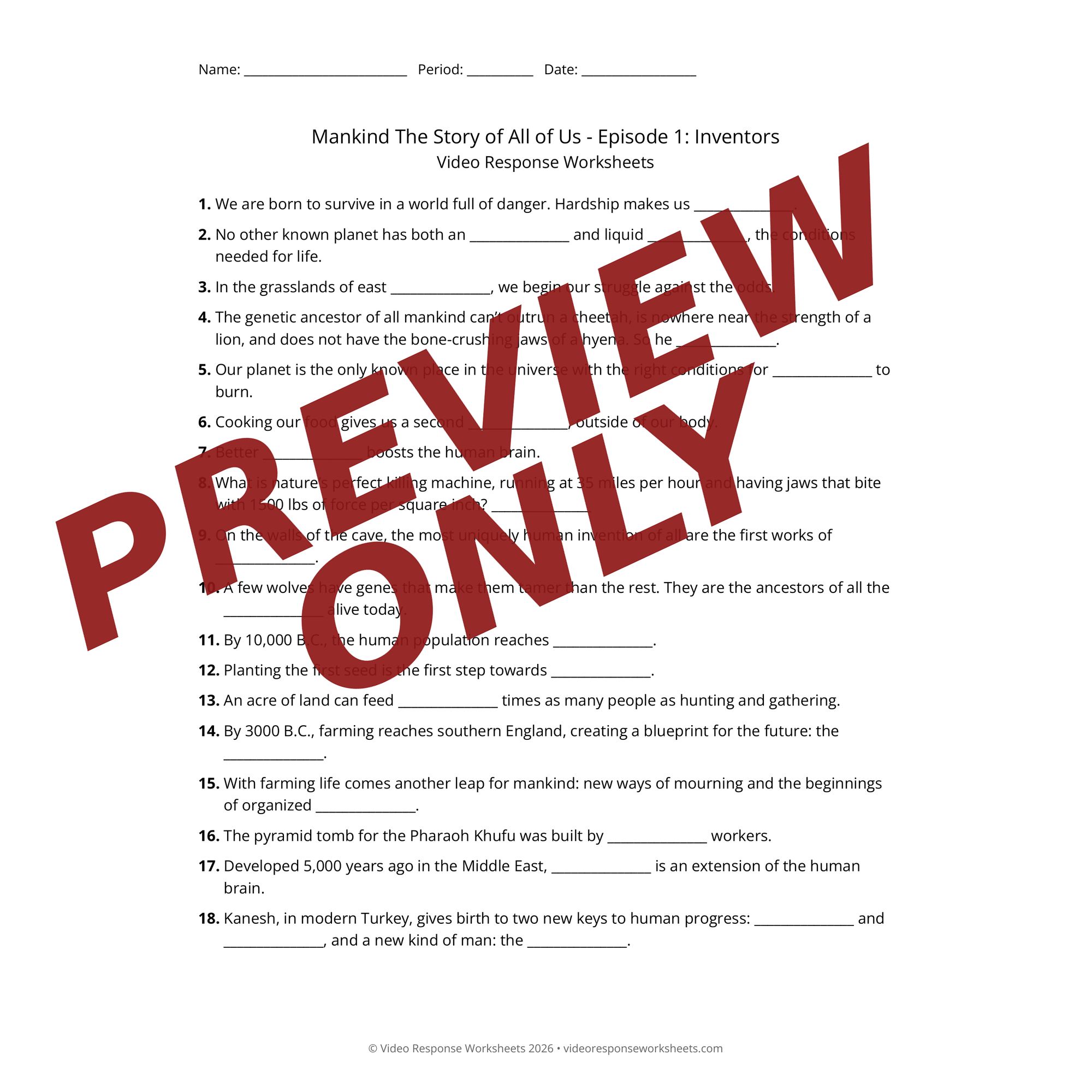 Preview of Mankind: The Story of All of Us bundle worksheet — fill-in-the-blank documentary worksheet for World History