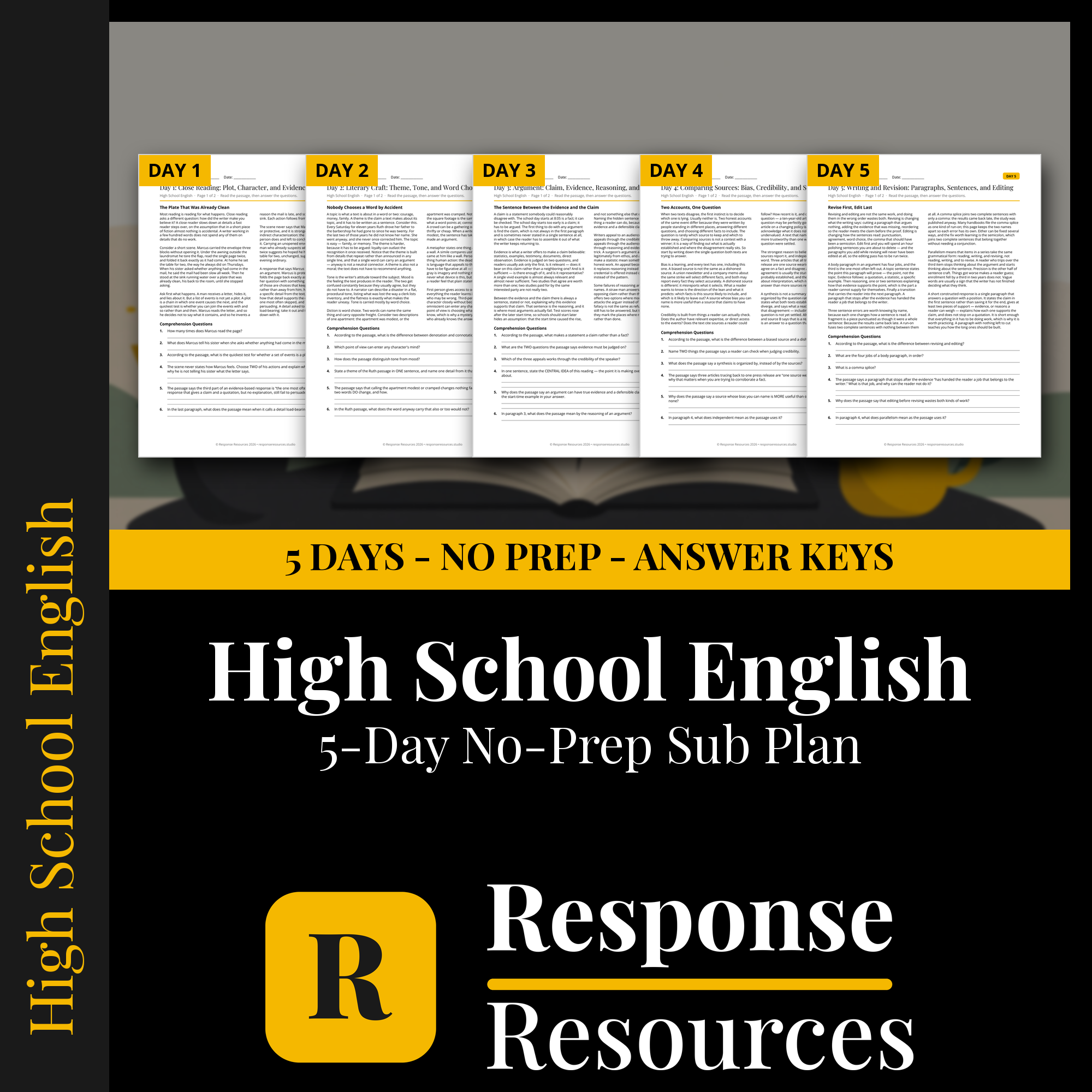 Response Resources 5-day no-prep English Language Arts substitute plan cover