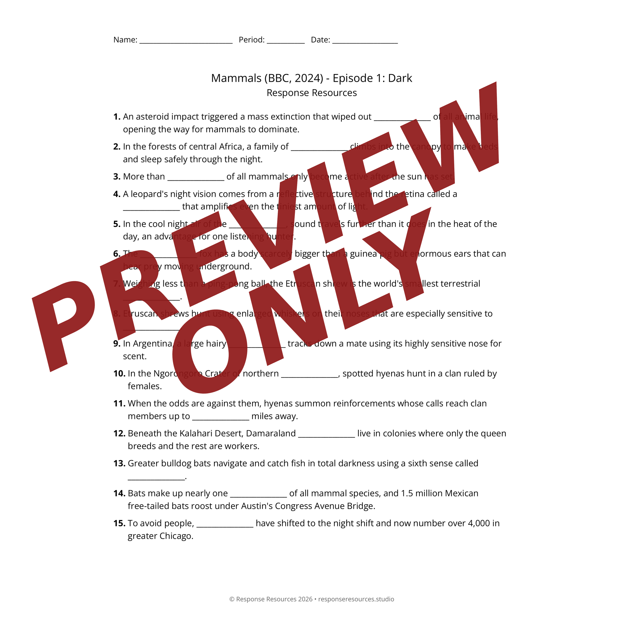 Preview page from Mammals (BBC, 2024) — fill-in-the-blank documentary worksheet for Environmental Science