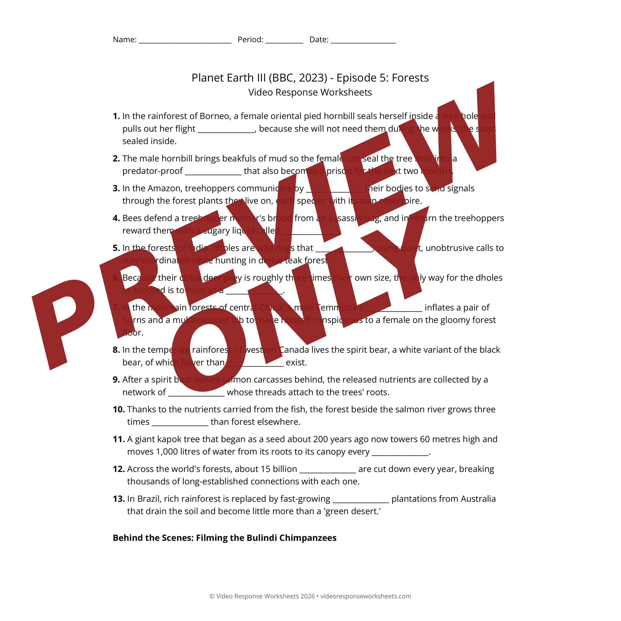 Preview of Planet Earth III (BBC, 2023) - Episode 5: Forests worksheet — fill-in-the-blank documentary worksheet for Environmental Science