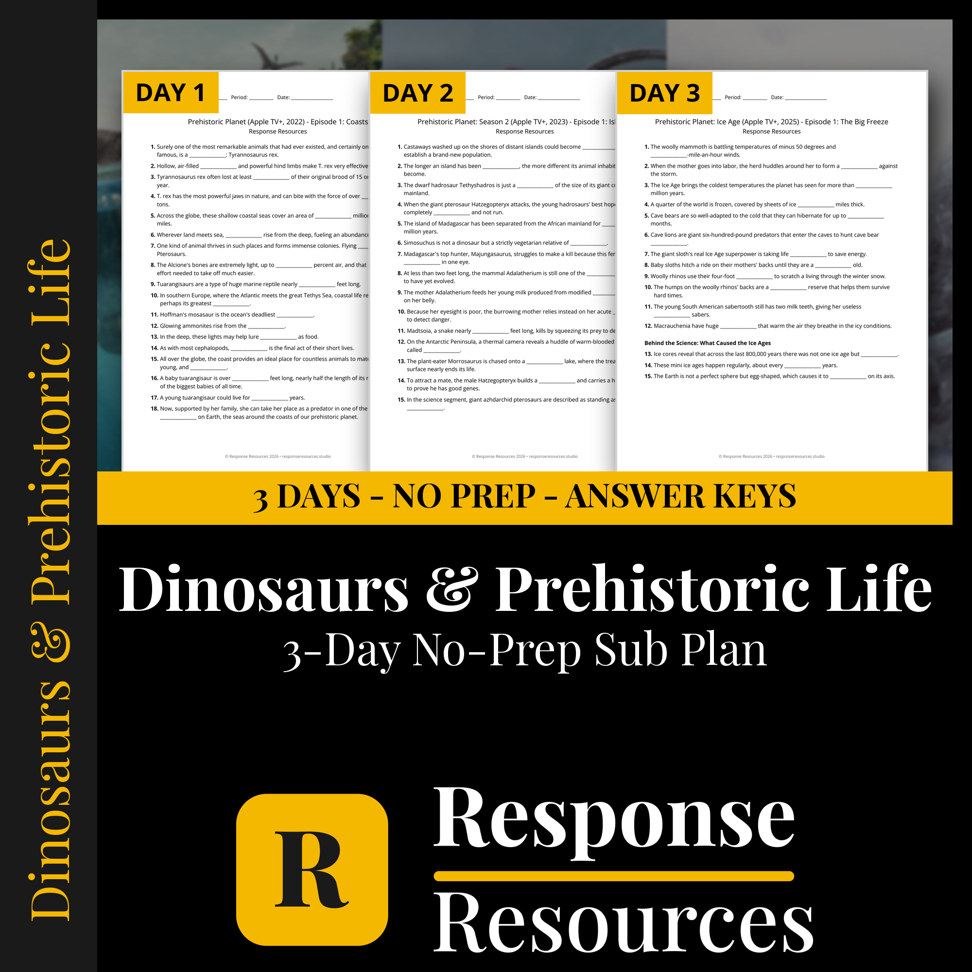 Response Resources 3-day no-prep Dinosaurs & Prehistoric Life substitute plan cover