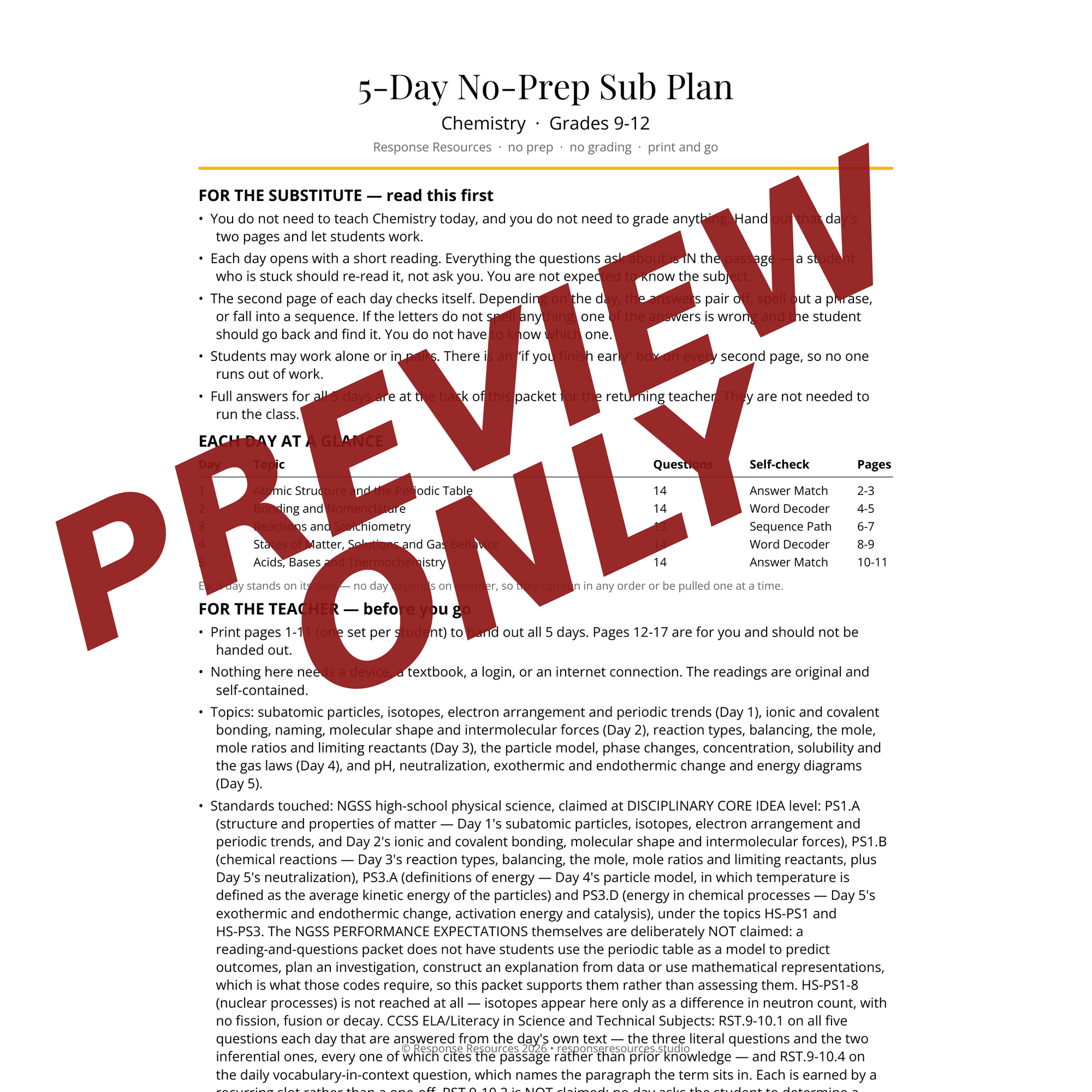 Preview of the Chemistry sub plan — Sub & Teacher Notes page