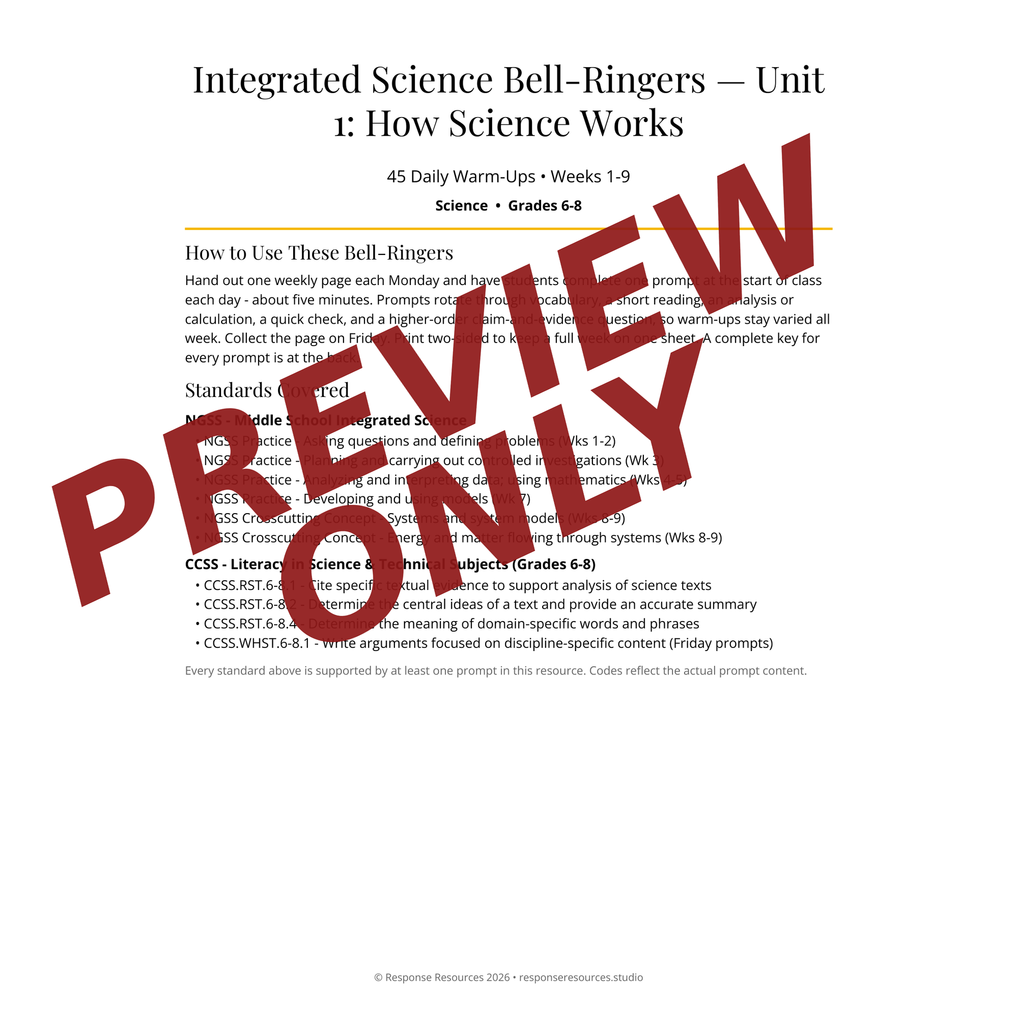 Preview page of Integrated Science Bell-Ringers — Unit 1: How Science Works