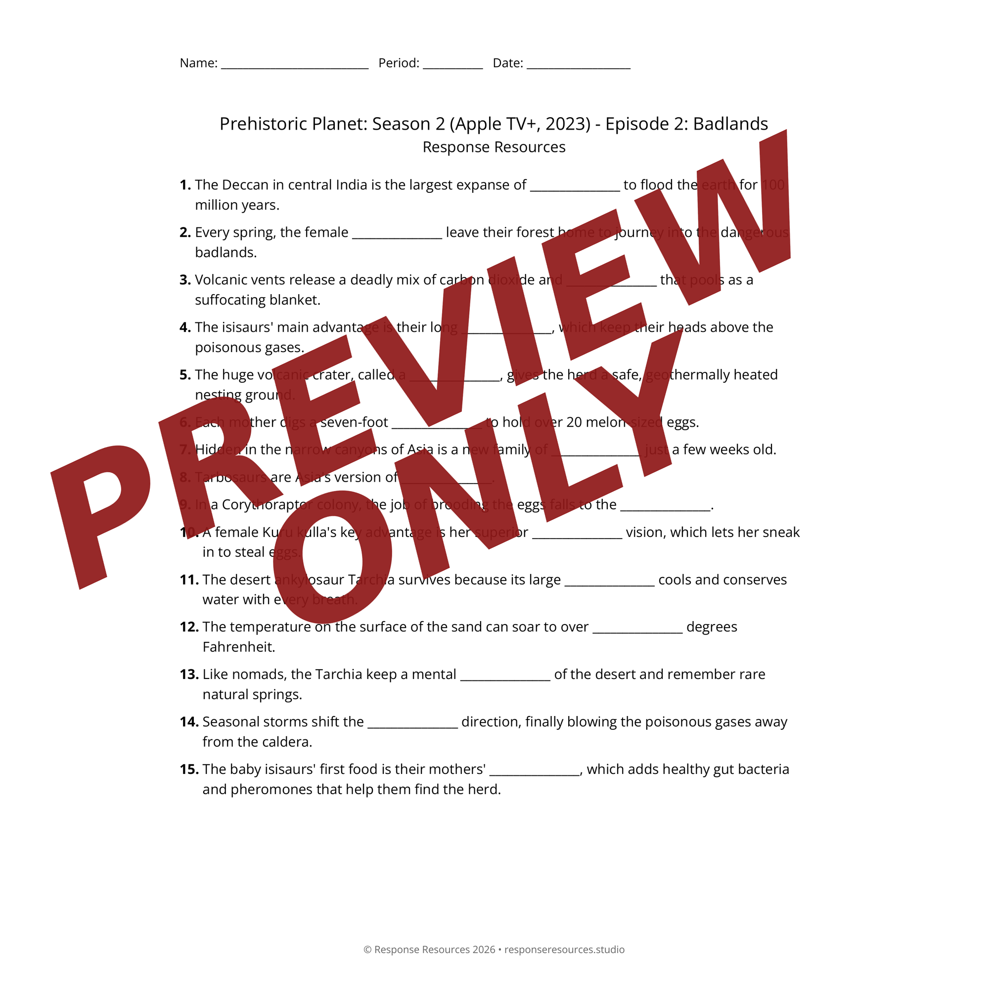 Preview of Prehistoric Planet: Season 2 (Apple TV+, 2023) - Episode 2: Badlands worksheet — fill-in-the-blank documentary worksheet for Earth Science