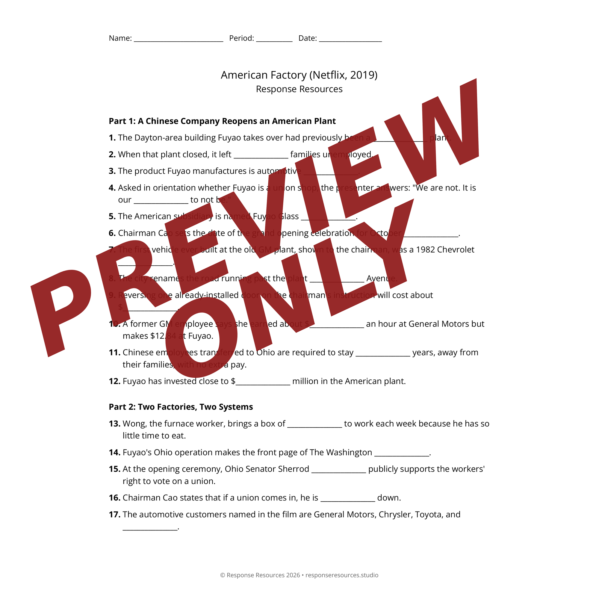Preview of American Factory (Netflix, 2019) worksheet — fill-in-the-blank documentary worksheet for Economics