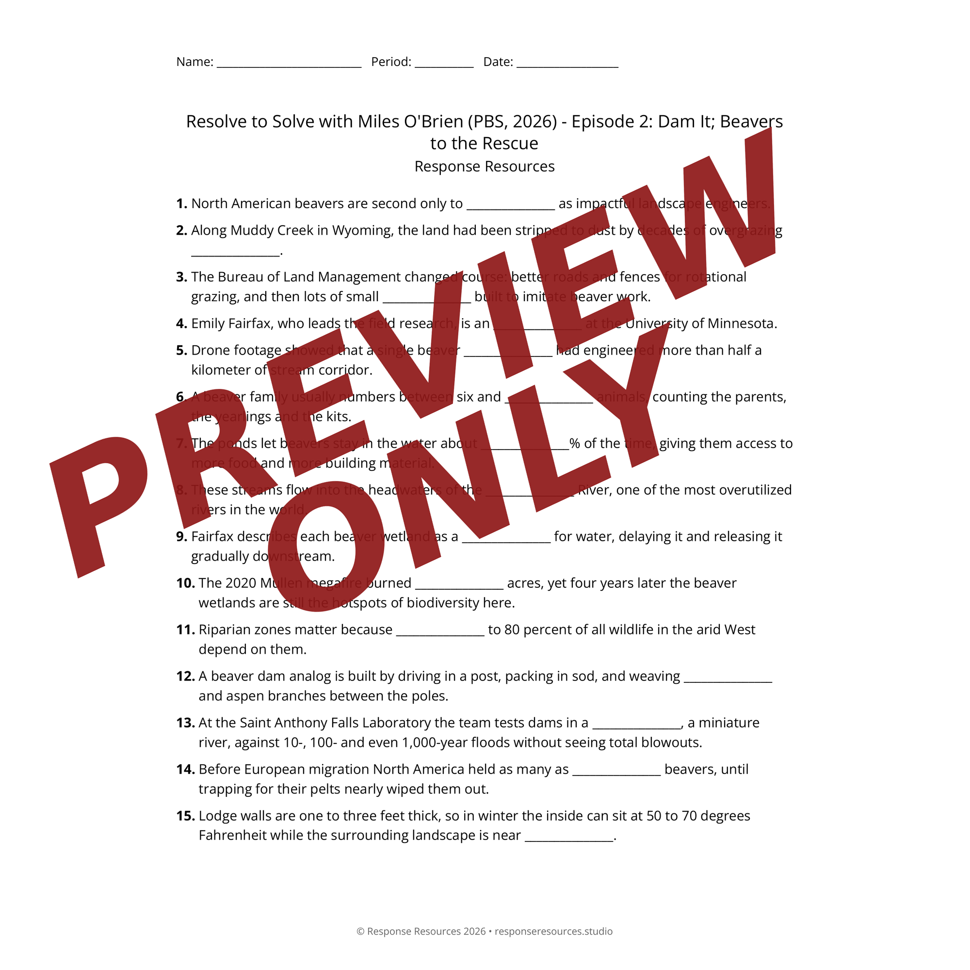 Preview of Resolve to Solve with Miles O'Brien (PBS, 2026) - Episode 2: Dam It; Beavers to the Rescue worksheet — fill-in-the-blank documentary worksheet for Environmental Science