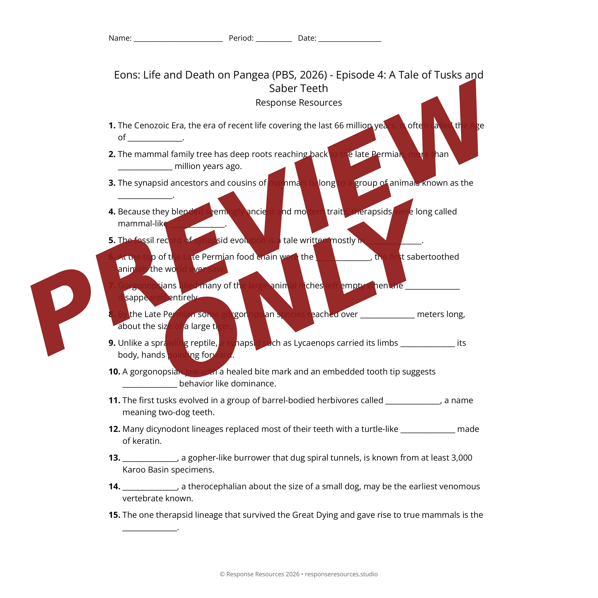 Preview of Eons: Life and Death on Pangea (PBS, 2026) - Episode 4: A Tale of Tusks and Saber Teeth worksheet — fill-in-the-blank documentary worksheet for Earth Science