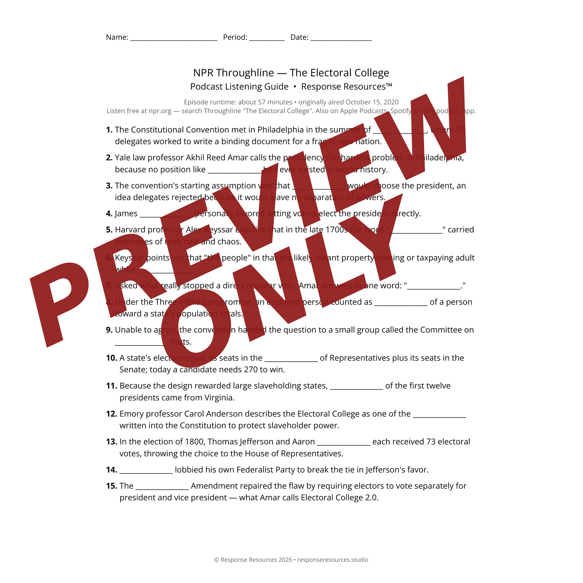 Preview page of the The Electoral College podcast listening guide
