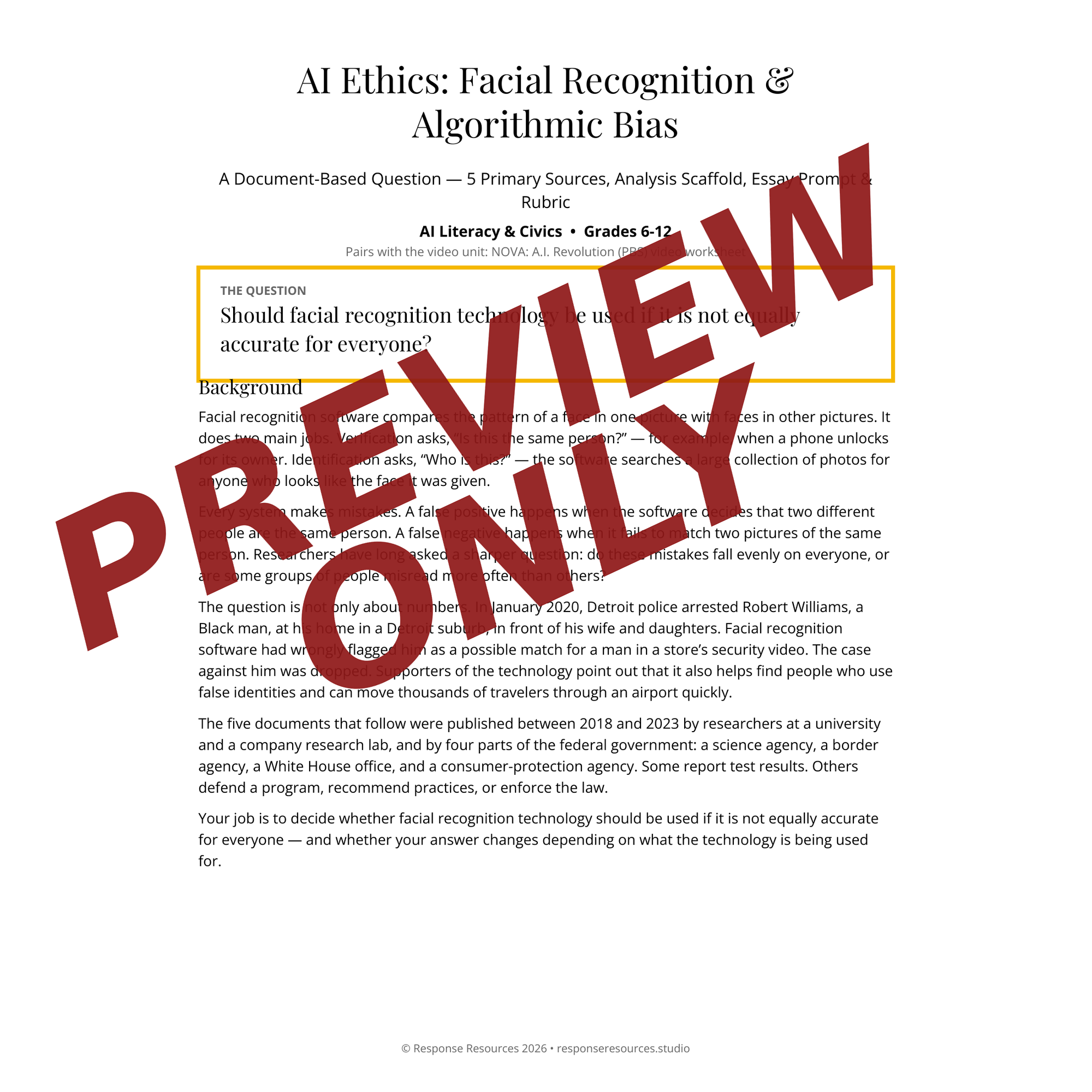 Preview page of the AI Ethics: Facial Recognition DBQ