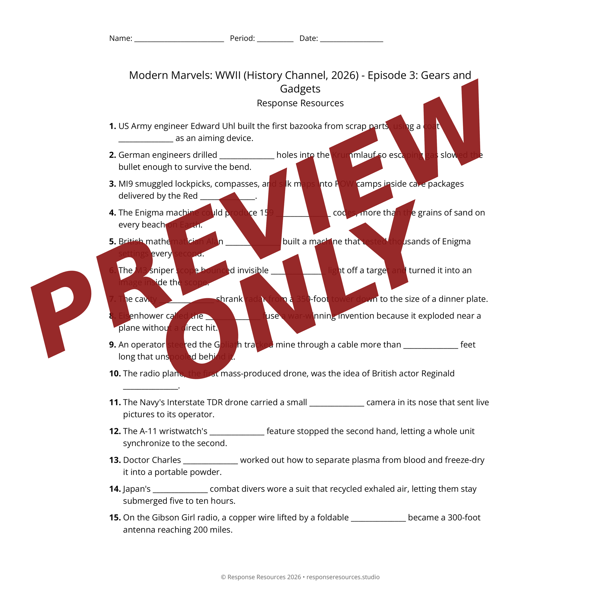Preview of Modern Marvels: WWII (History Channel, 2026) - Episode 3: Gears and Gadgets worksheet — fill-in-the-blank documentary worksheet for World History