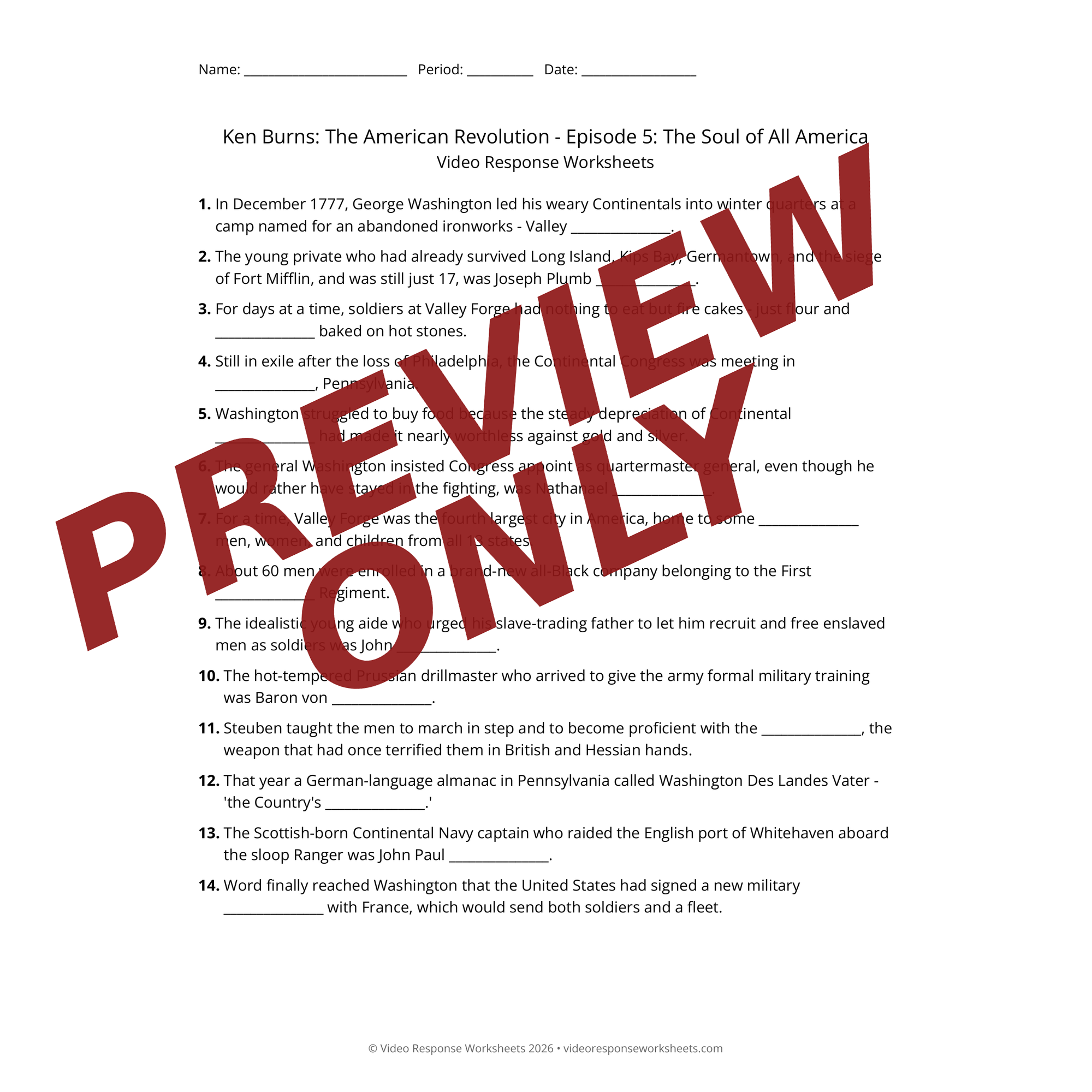 Preview of Ken Burns: The American Revolution - Episode 5: The Soul of All America worksheet — fill-in-the-blank documentary worksheet for US History