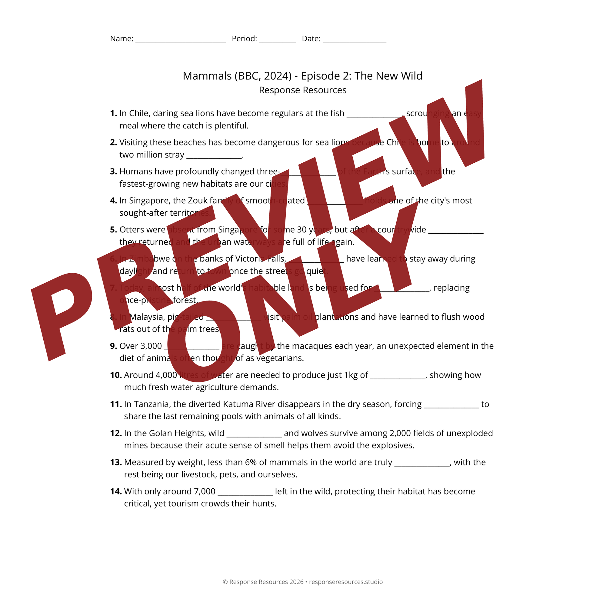 Preview of Mammals (BBC, 2024) - Episode 2: The New Wild worksheet — fill-in-the-blank documentary worksheet for Environmental Science