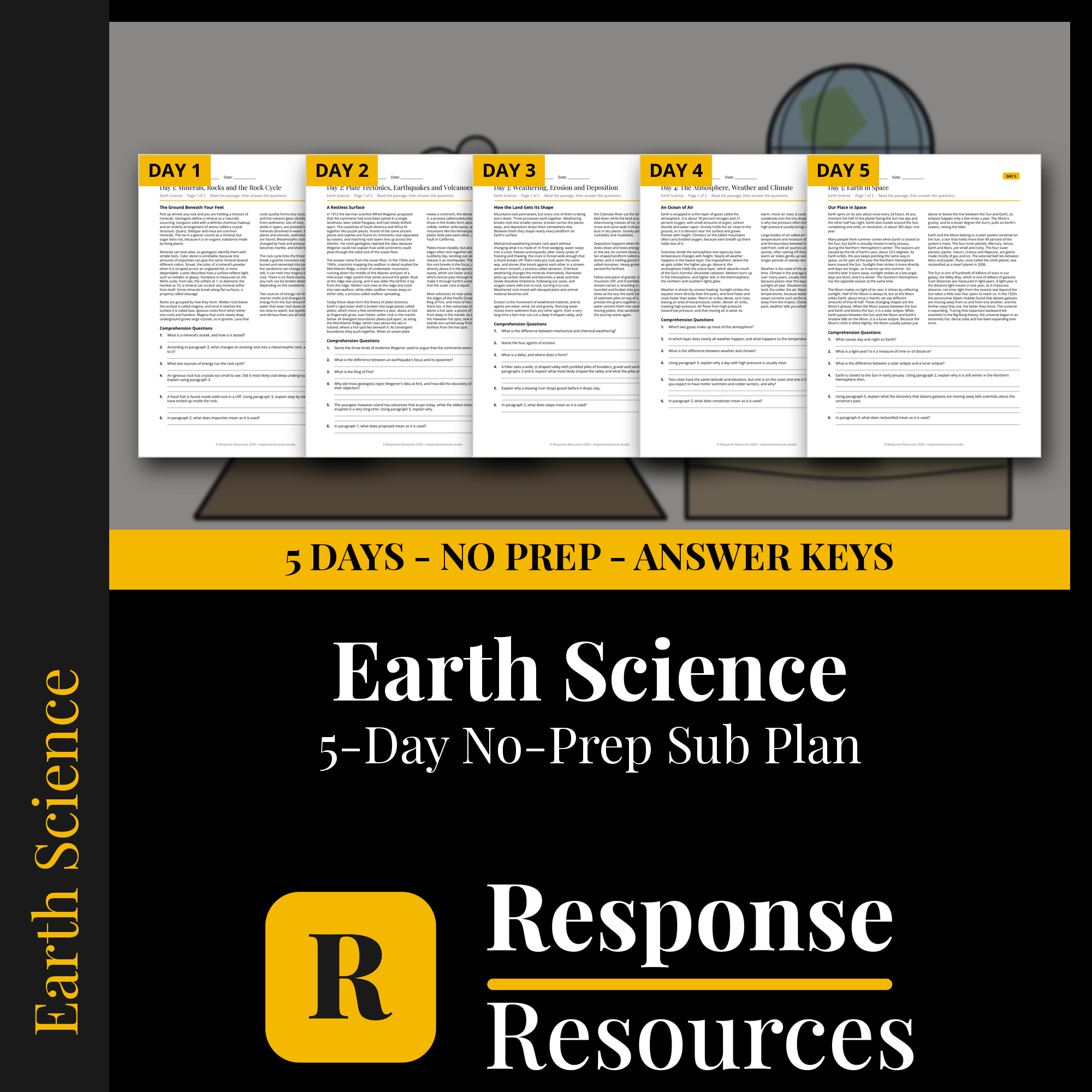 Response Resources 5-day no-prep Earth Science substitute plan cover
