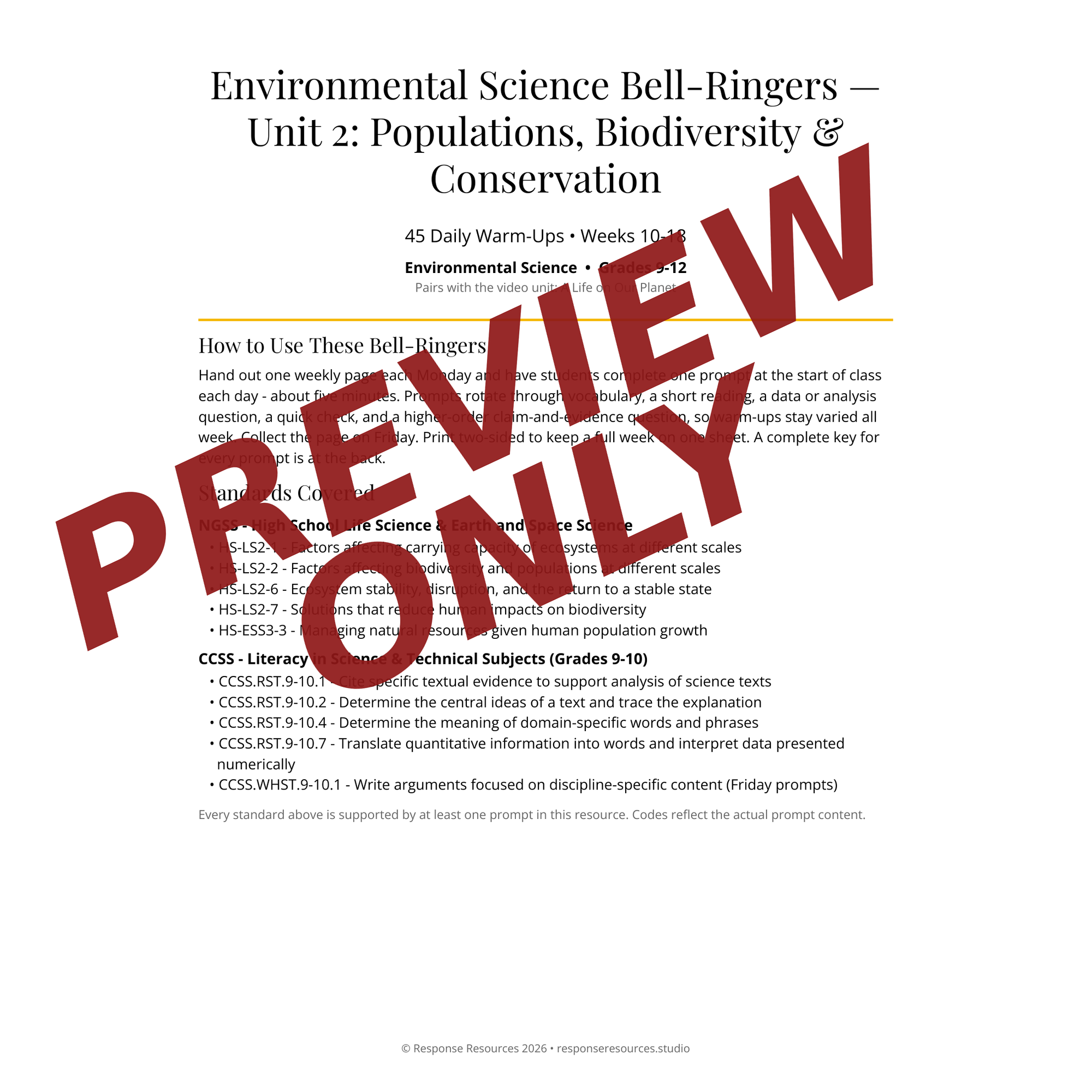 Preview page of Environmental Science Bell-Ringers — Unit 2: Populations, Biodiversity & Conservation