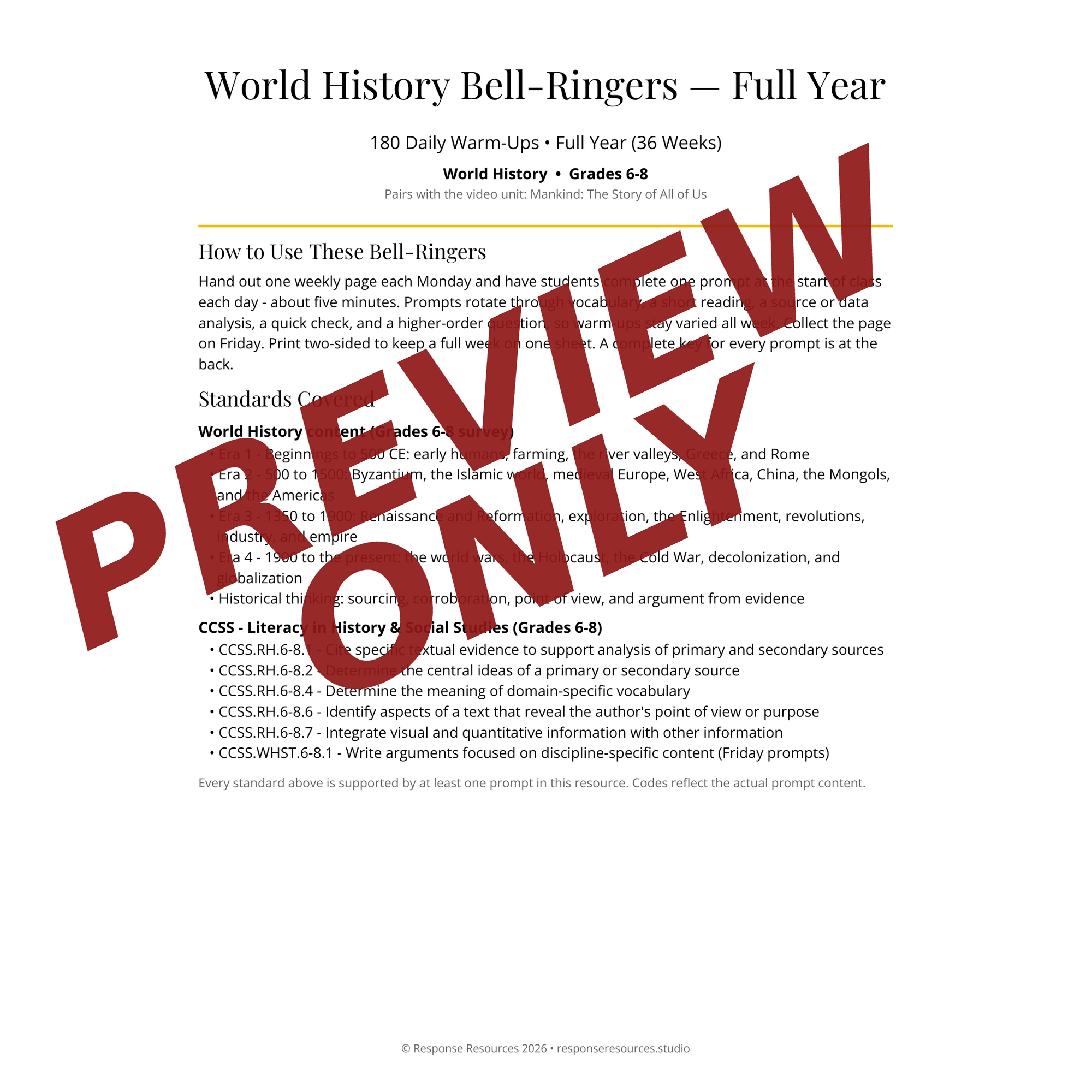 Preview page of World History Bell-Ringers — Full Year