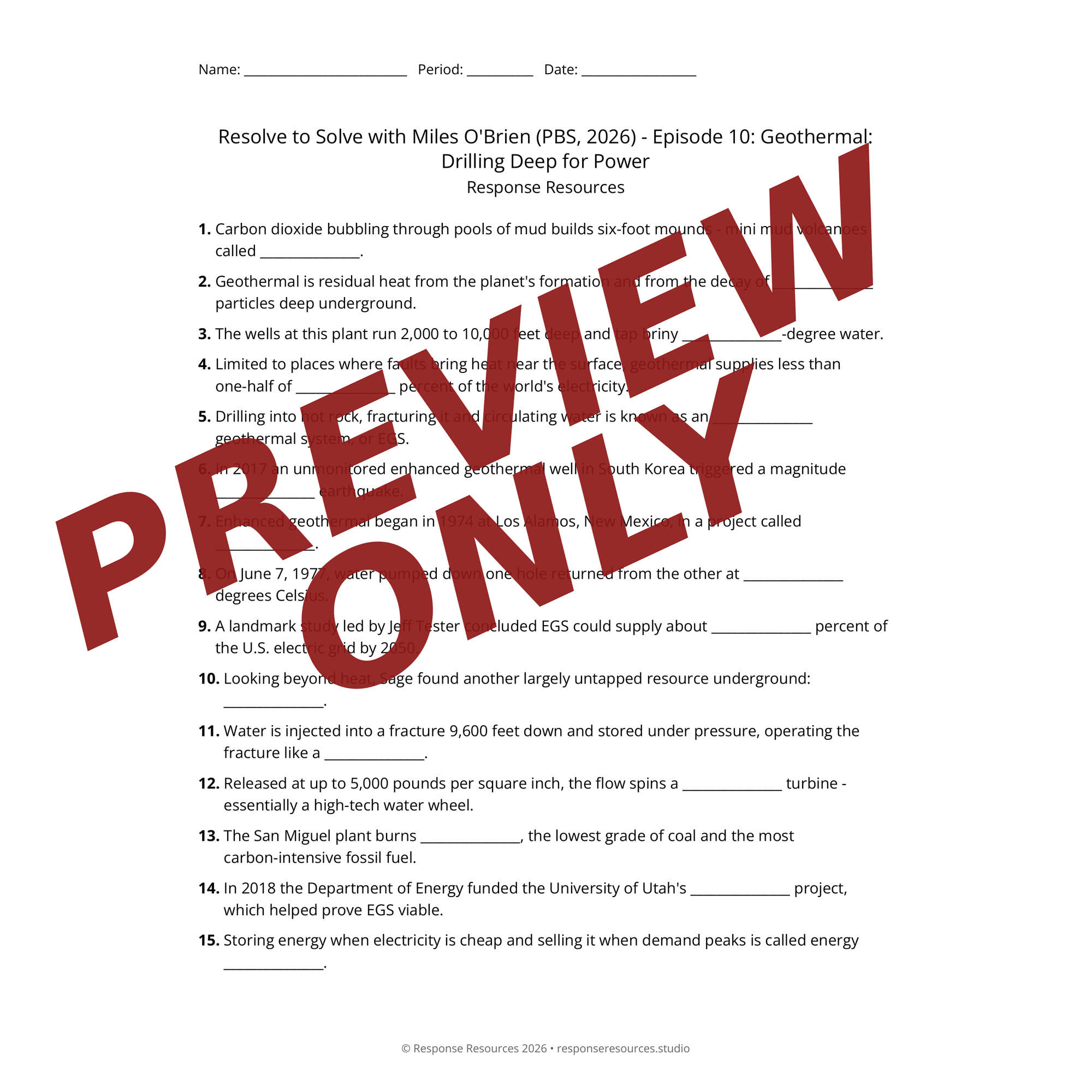 Preview of Resolve to Solve with Miles O'Brien (PBS, 2026) - Episode 10: Geothermal: Drilling Deep for Power worksheet — fill-in-the-blank documentary worksheet for Environmental Science