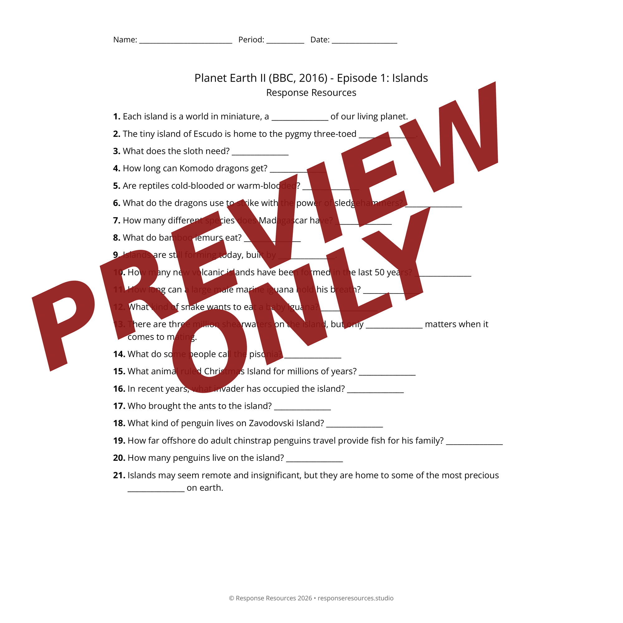 Preview of Planet Earth II (BBC, 2016) - Episode 1: Islands worksheet — fill-in-the-blank documentary worksheet for Environmental Science